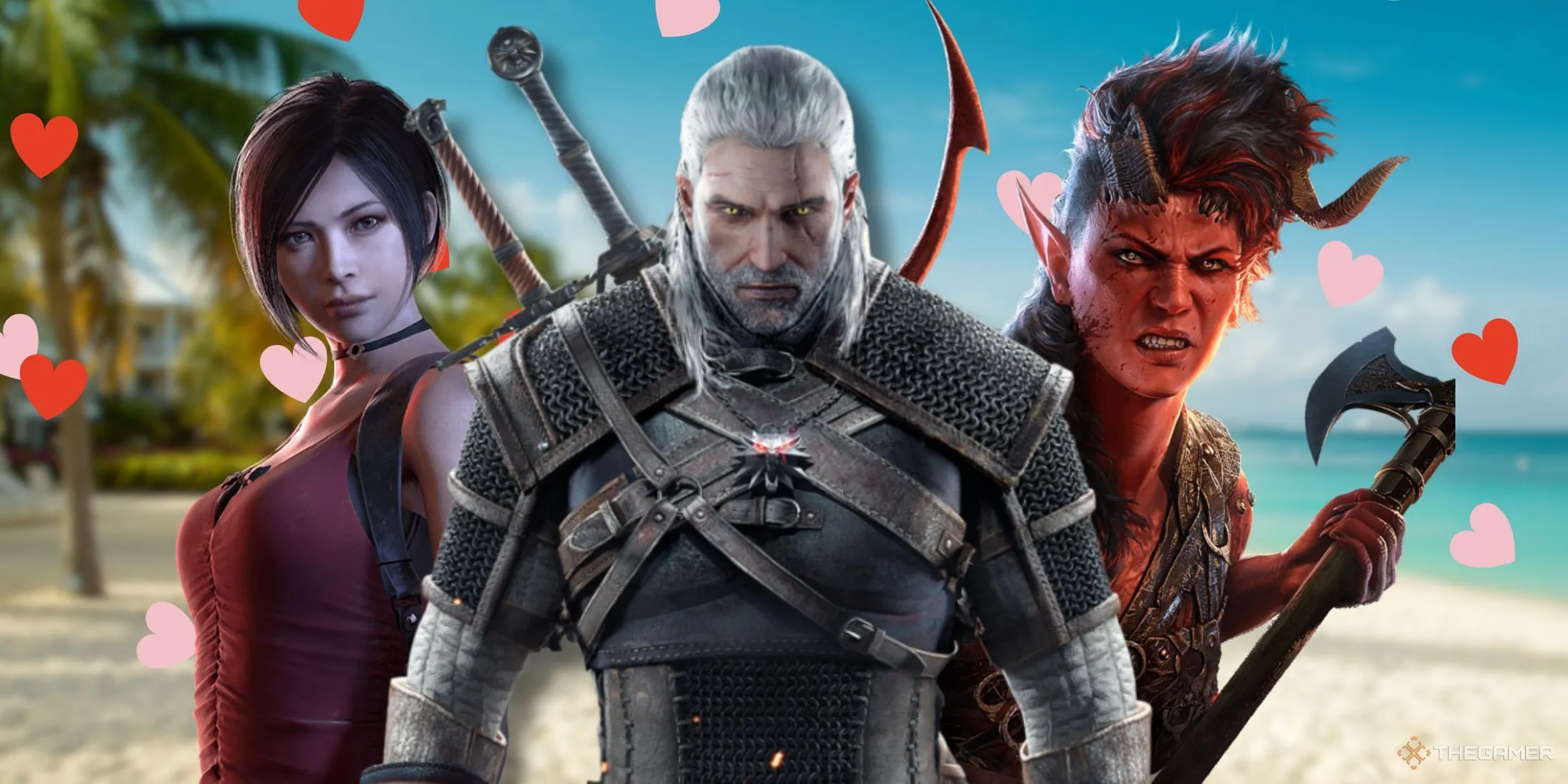 Ada Wong, Geralt và Karlach, những nhân vật game nổi bật, đang thư giãn trên bãi biển.