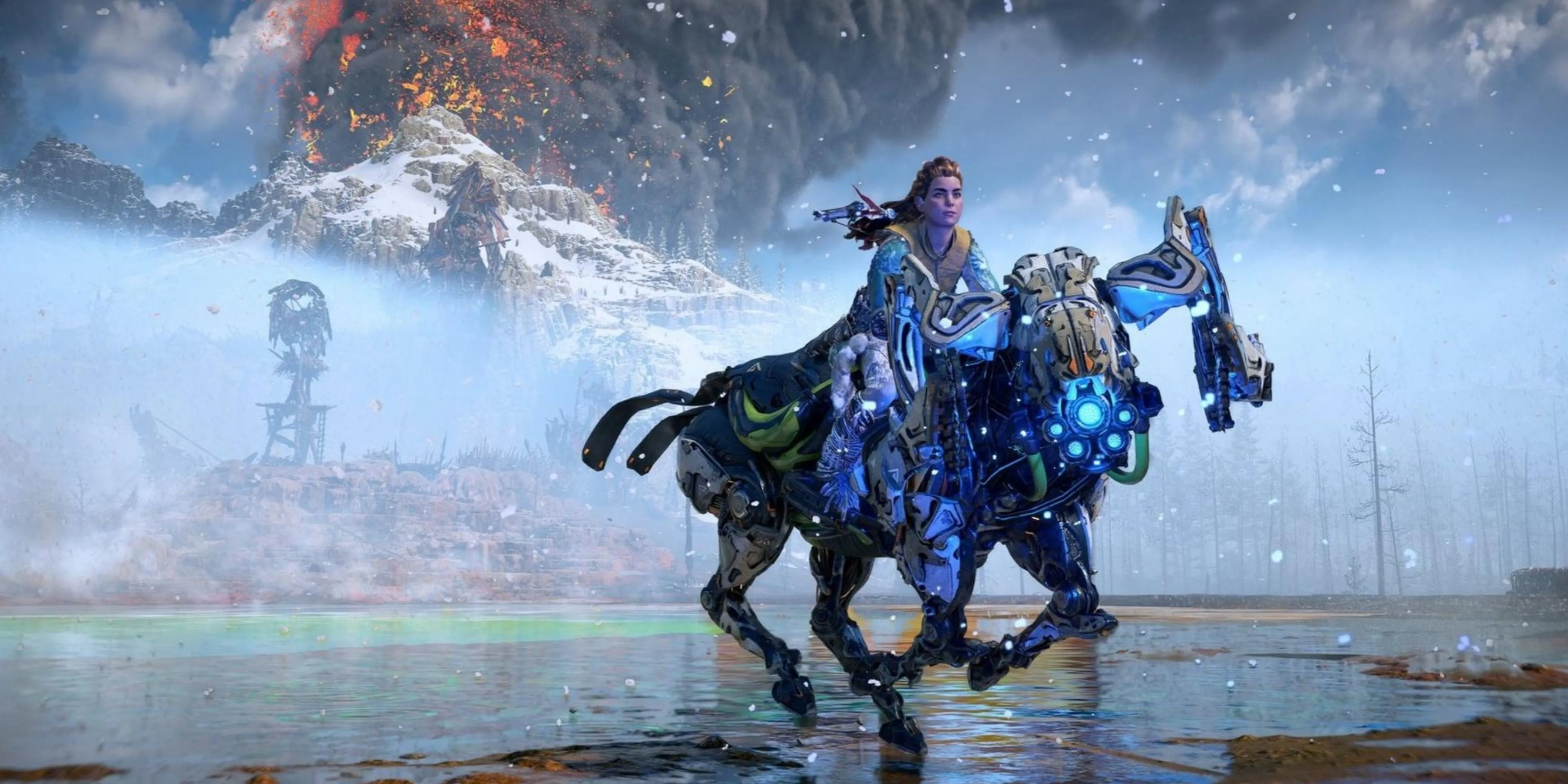 Aloy đang cưỡi một cỗ máy Glinthawk trong Horizon: Zero Dawn, một tựa game thế giới mở với đồ họa tuyệt đẹp nhưng đôi khi bị chỉ trích vì thiếu điểm nhấn độc đáo và cốt truyện chưa đủ sâu sắc.
