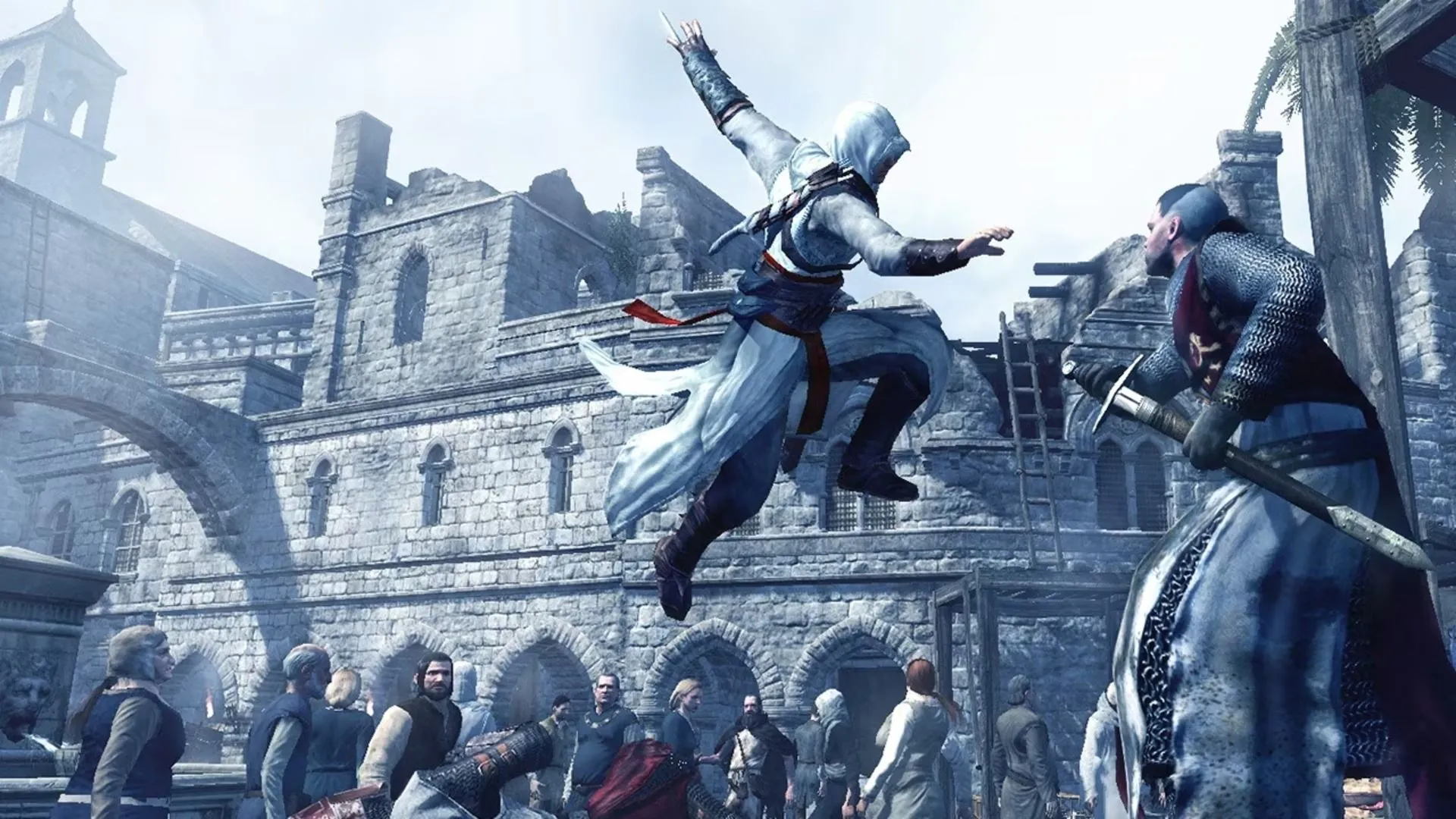 Altair trong Assassin's Creed 1, thể hiện cơ chế parkour trên kiến trúc cổ điển được hỗ trợ bởi engine Anvil