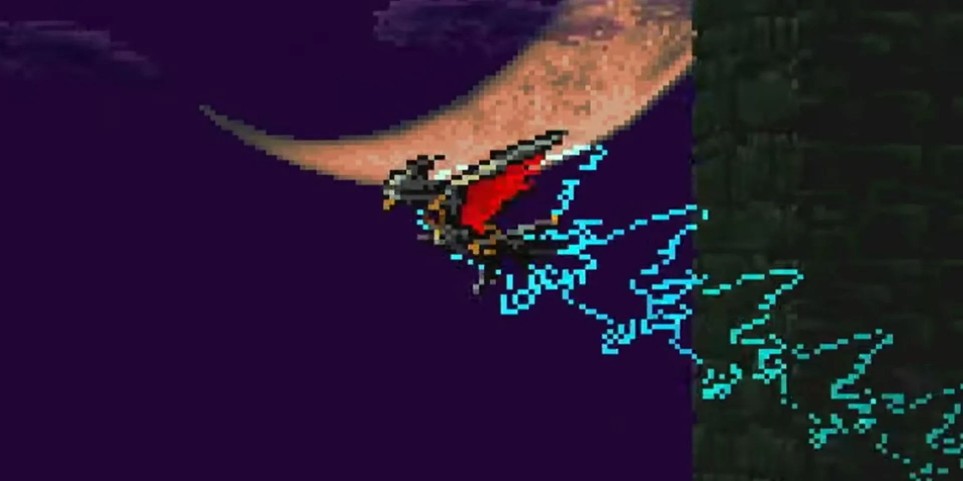 Alucard trong dạng dơi bay qua lâu đài trong Castlevania Symphony of the Night