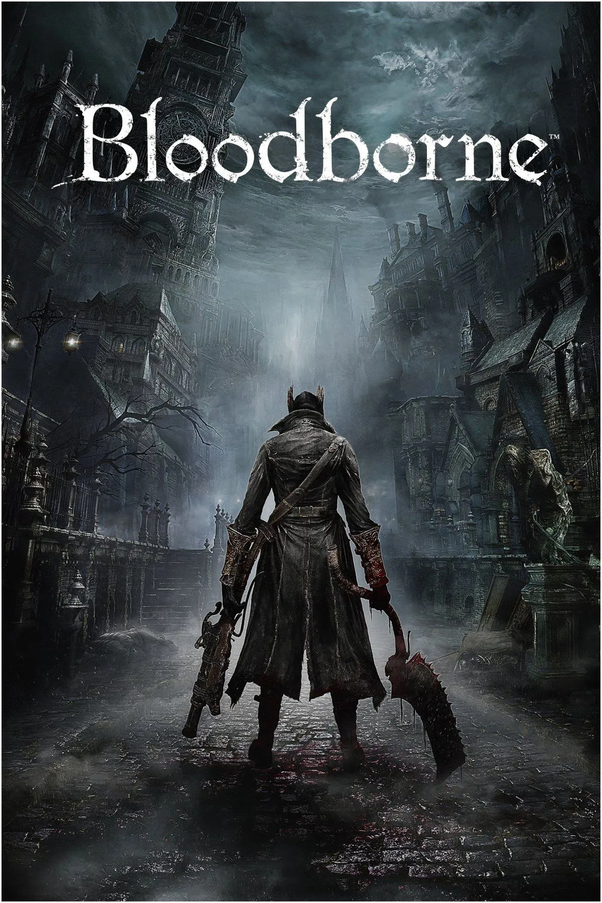 Ảnh bìa Bloodborne với Hunter đang đối mặt với quái vật, thể hiện không khí Gothic và combat căng thẳng