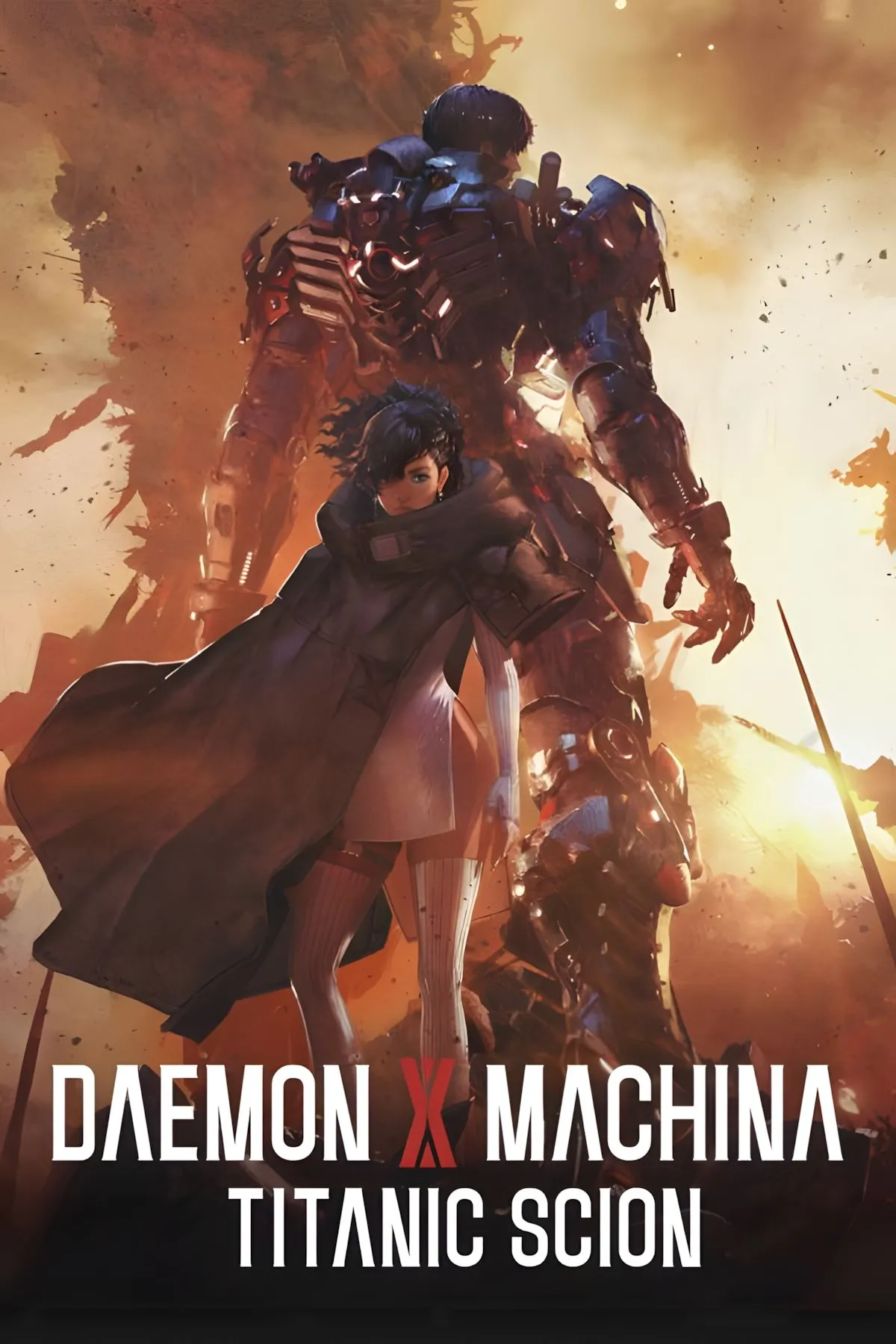 Ảnh bìa chính thức của Daemon X Machina Titanic Scion, thể hiện các cỗ máy Arsenal trong bối cảnh chiến đấu kịch tính và đồ họa tiên tiến