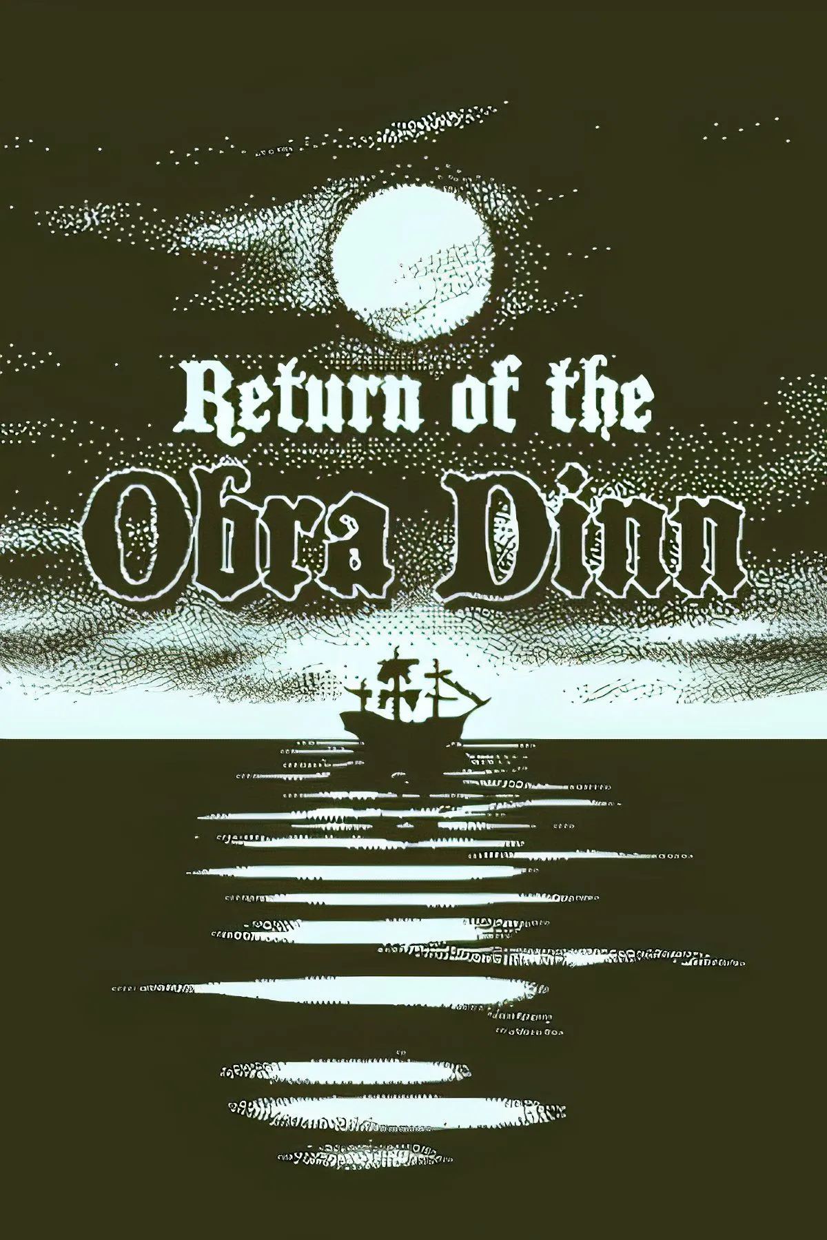 Ảnh bìa của Return of the Obra Dinn, thể hiện phong cách đồ họa dithered monochrome đặc trưng, nhấn mạnh yếu tố bí ẩn trên con tàu ma.