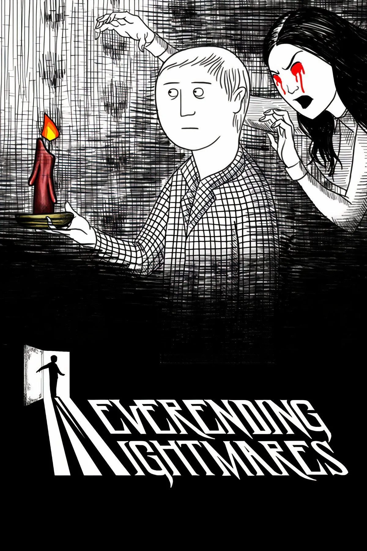 Ảnh bìa game Neverending Nightmares, minh họa phong cách đồ họa vẽ tay đen trắng ám ảnh, thể hiện nỗi kinh hoàng tâm lý.