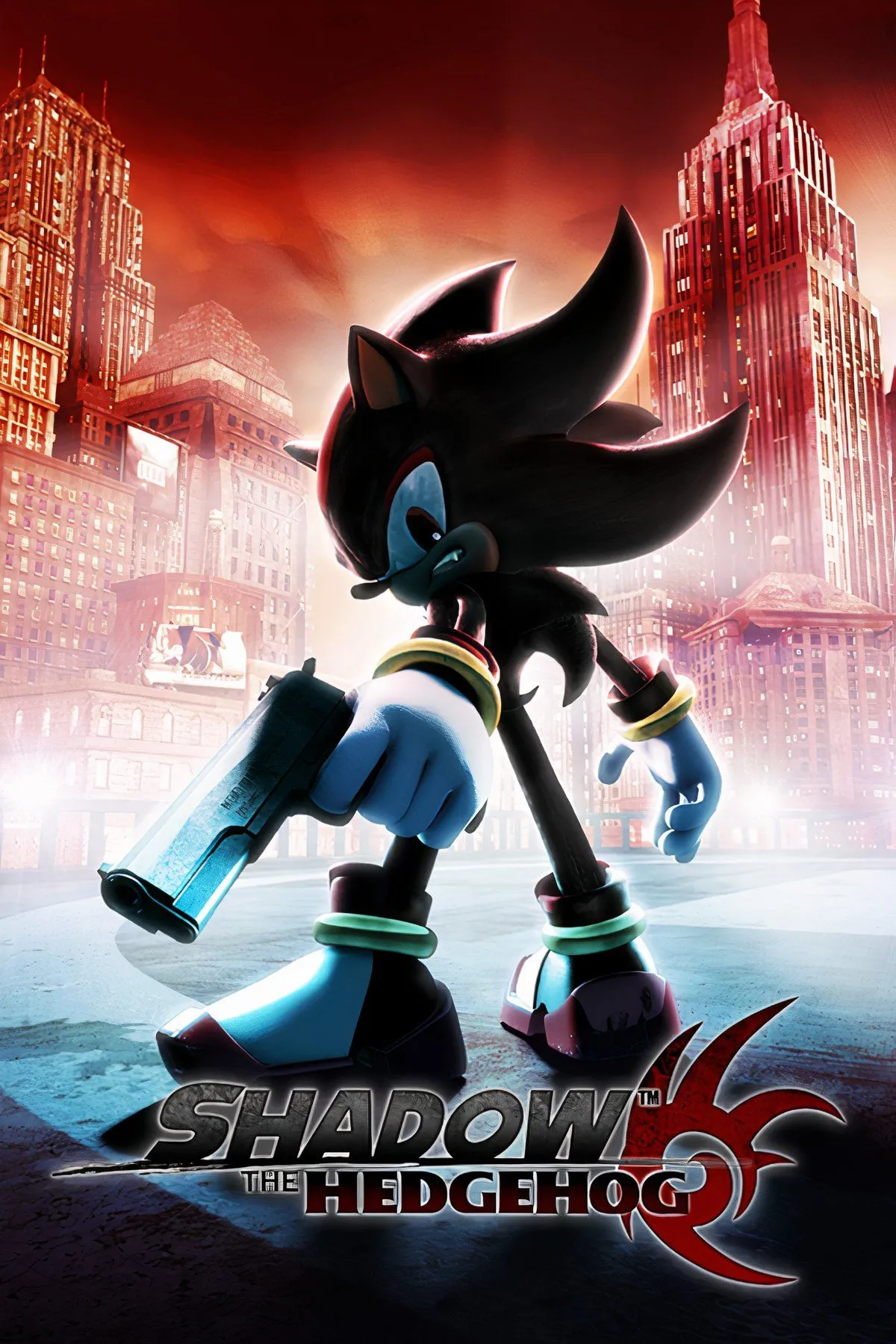 Ảnh bìa game Shadow the Hedgehog, nhấn mạnh vai trò trung tâm của nhân vật Shadow trong hành trình tìm lại ký ức, cùng sự xuất hiện của các đồng minh và kẻ thù