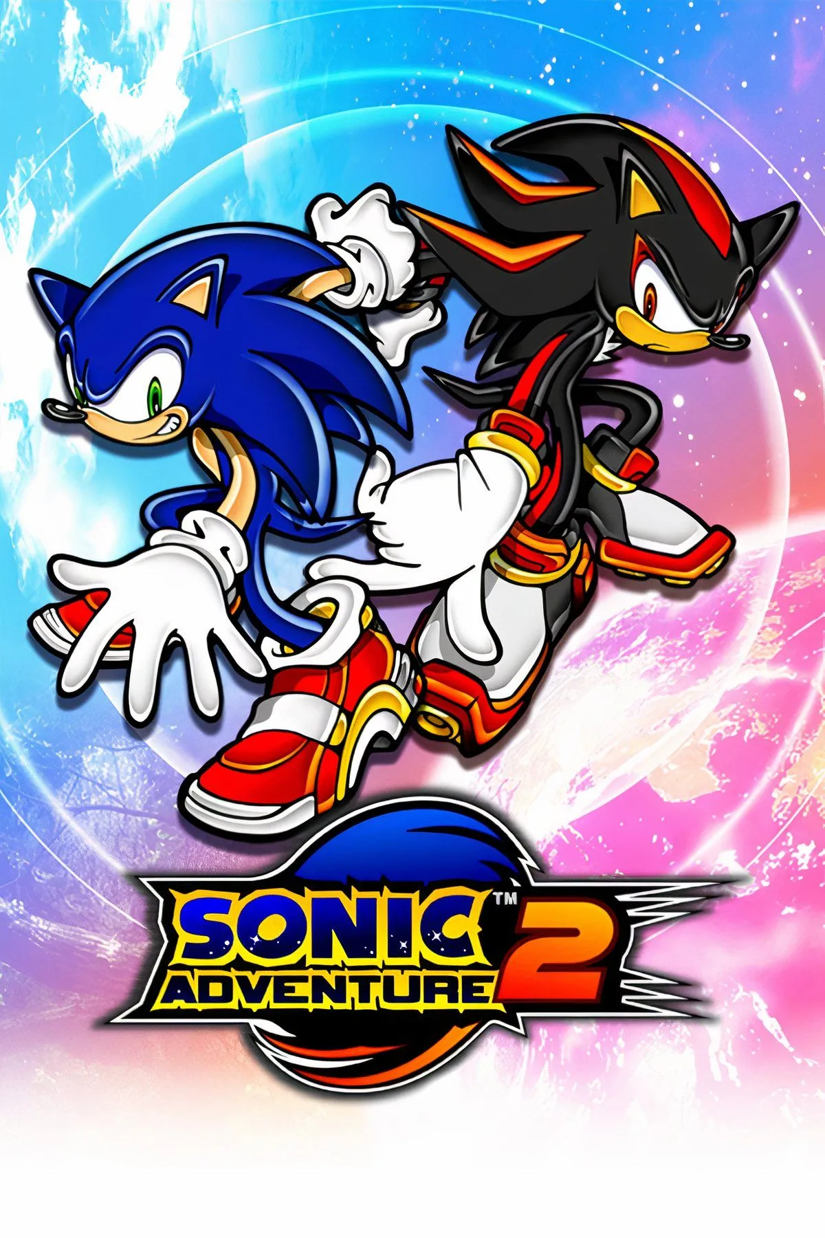 Ảnh bìa Sonic Adventure 2, thể hiện sự đối đầu giữa các phe phái và giới thiệu những nhân vật chủ chốt như Shadow và Rouge, đánh dấu sự mở rộng cốt truyện