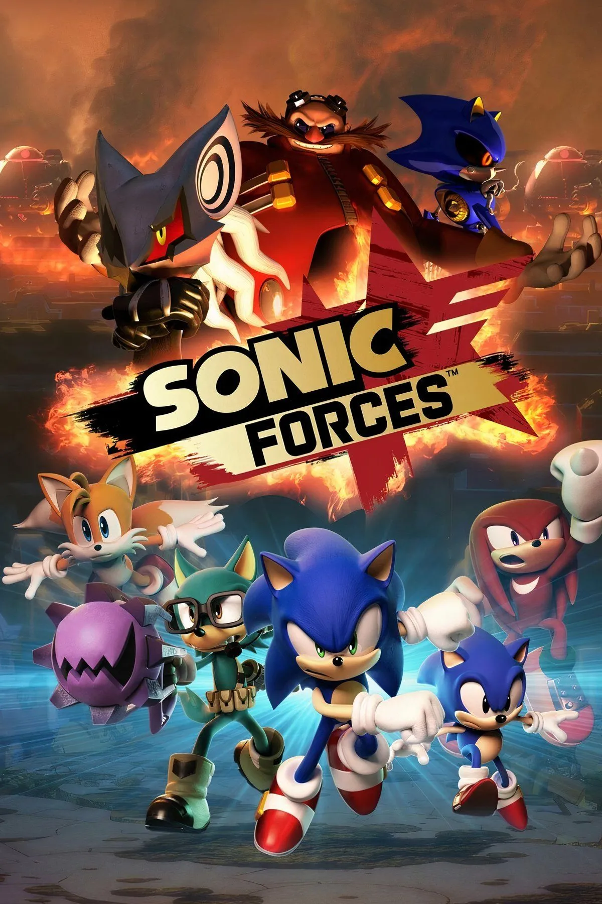 Ảnh bìa Sonic Forces, biểu trưng cho cuộc chiến quy mô lớn giữa lực lượng kháng chiến và quân đội Eggman, với sự tham gia của nhiều nhân vật biểu tượng