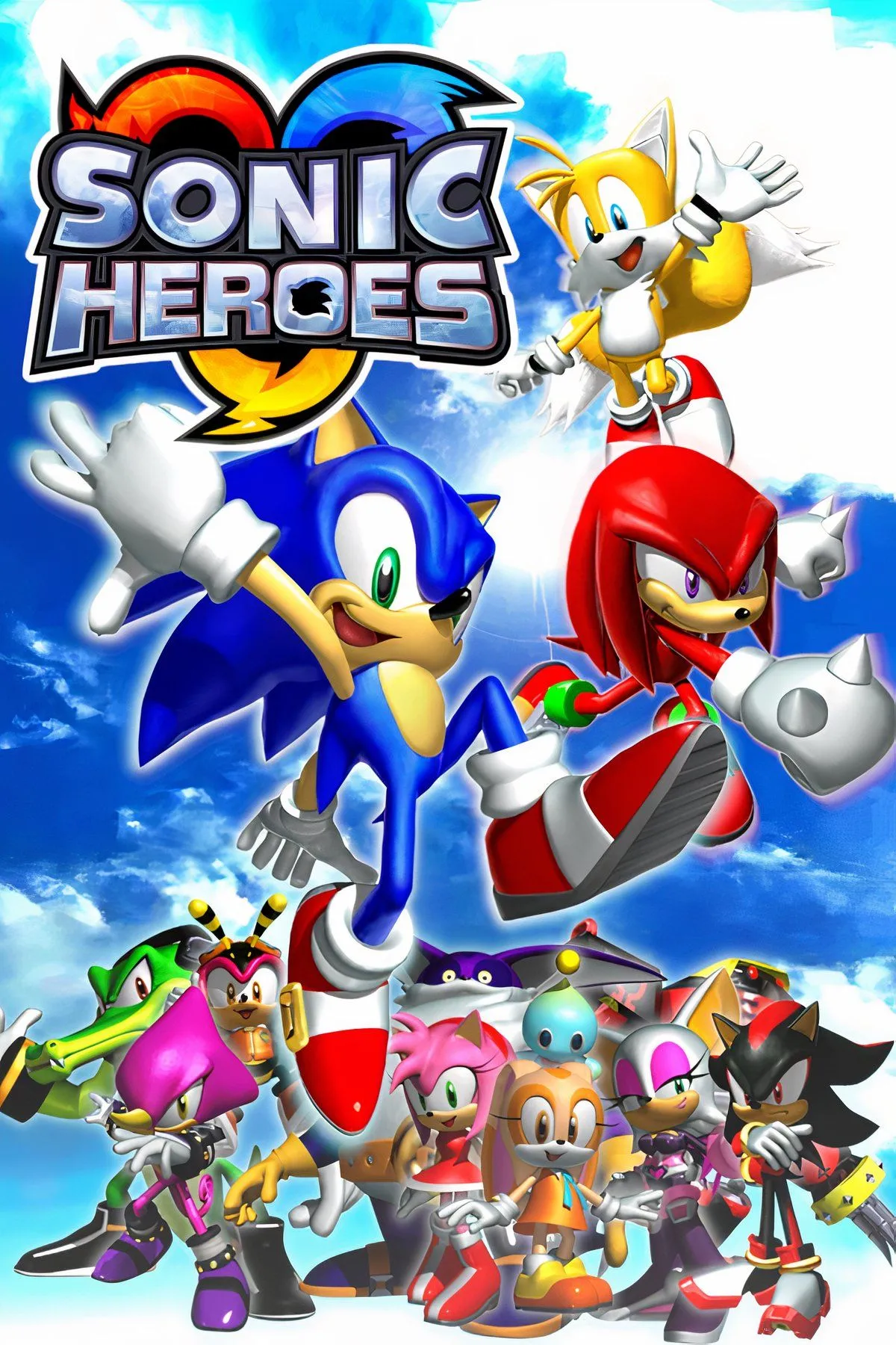 Ảnh bìa Sonic Heroes, minh họa lối chơi theo đội hình đặc trưng và dàn nhân vật đa dạng được chia thành các nhóm để thực hiện nhiệm vụ