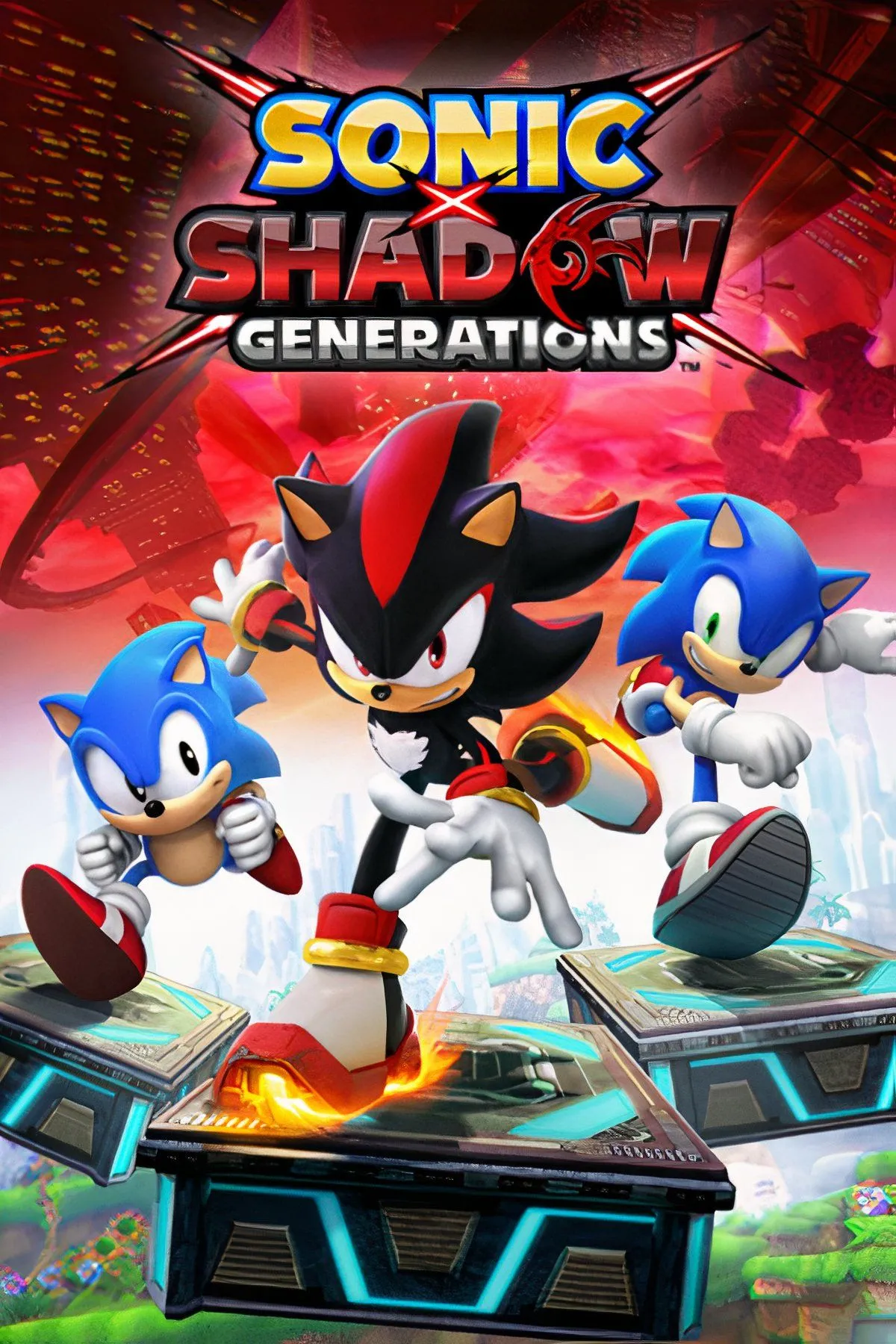 Ảnh bìa Sonic X Shadow Generations, một bản remaster kỷ niệm với sự góp mặt của các nhân vật qua nhiều thế hệ, bao gồm cả Sonic và Shadow