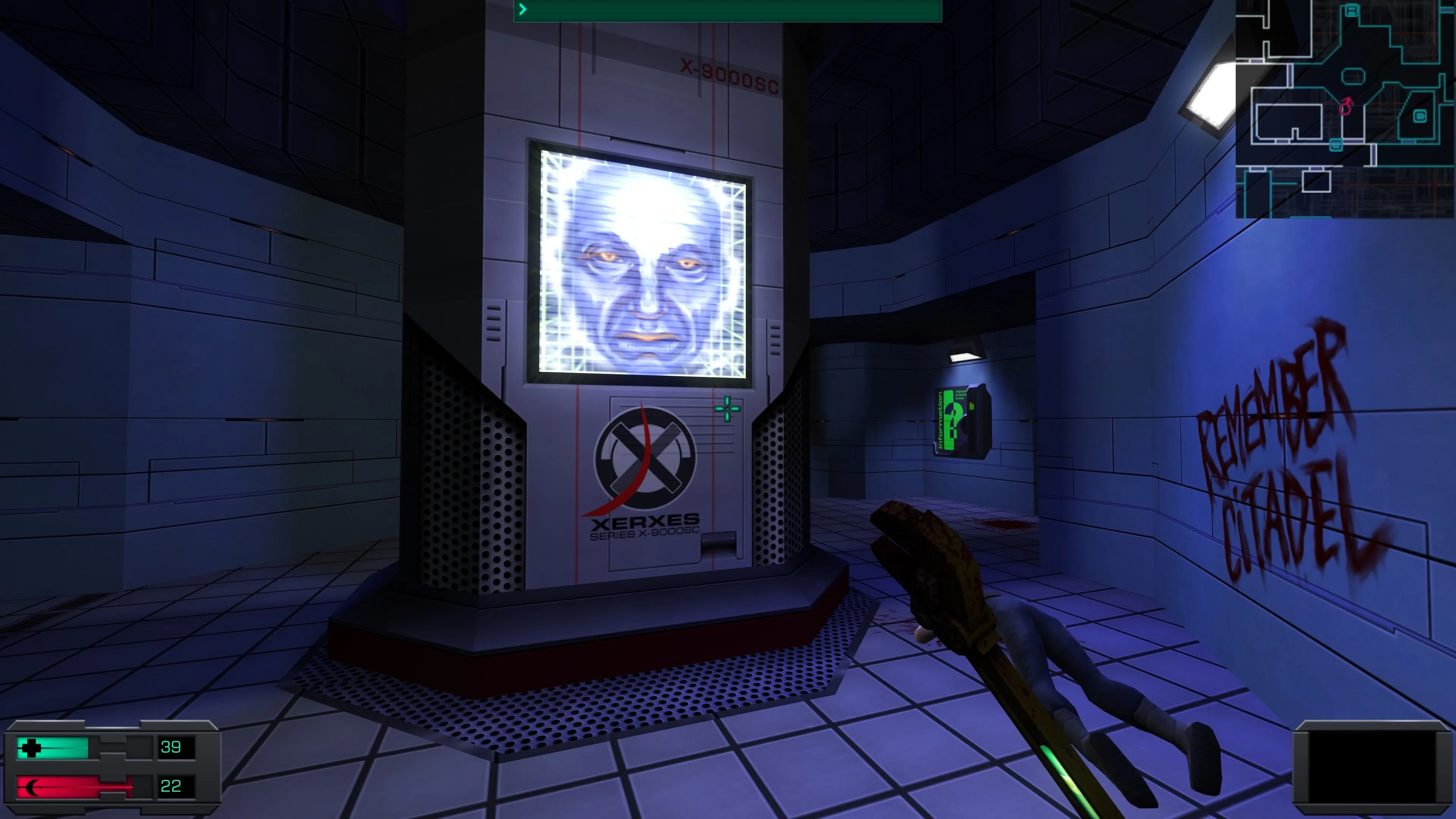 Ảnh chụp màn hình giao diện với nhân vật XERXES trong System Shock 2 Remaster.
