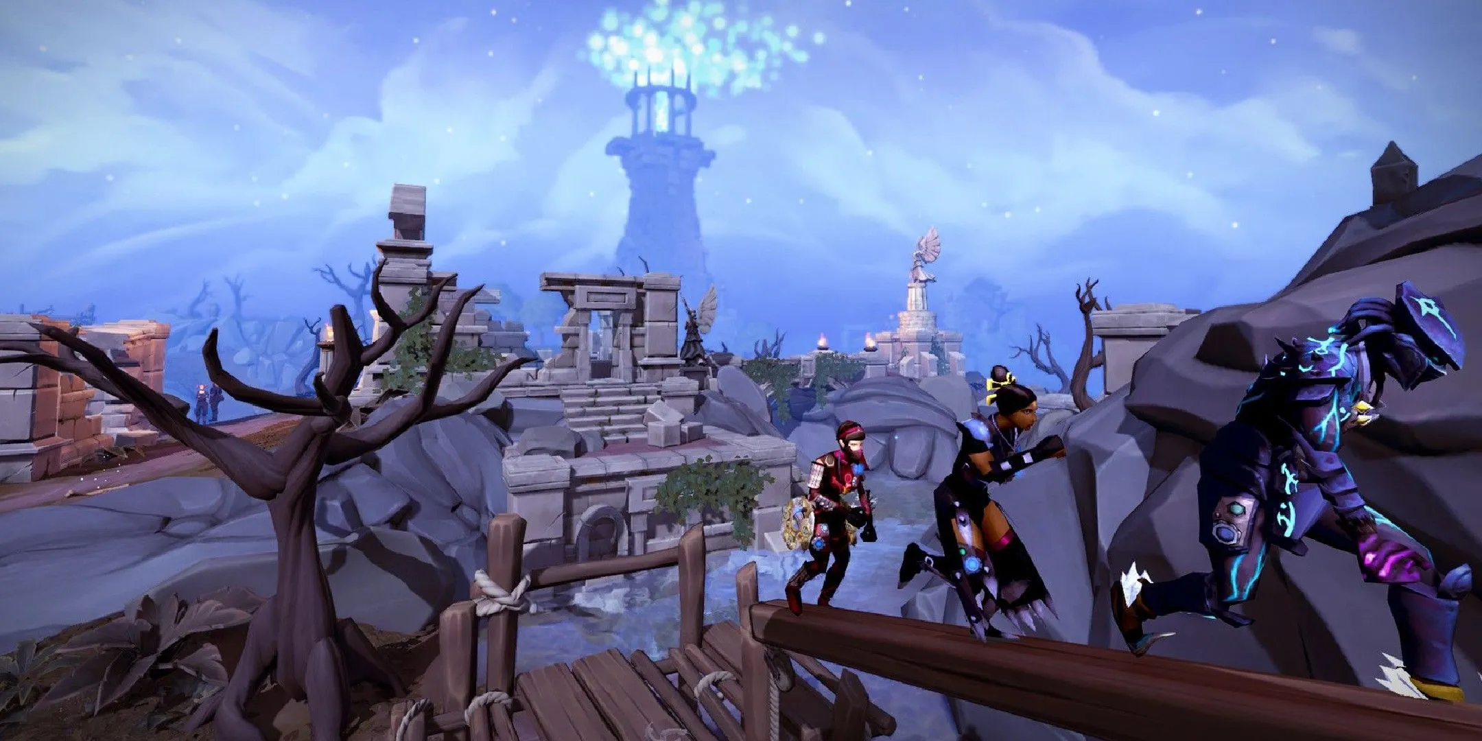 Ba người chơi Runescape thực hiện kỹ năng nhanh nhẹn, minh họa phong cách cày cuốc đặc trưng của các MMORPG cổ điển.