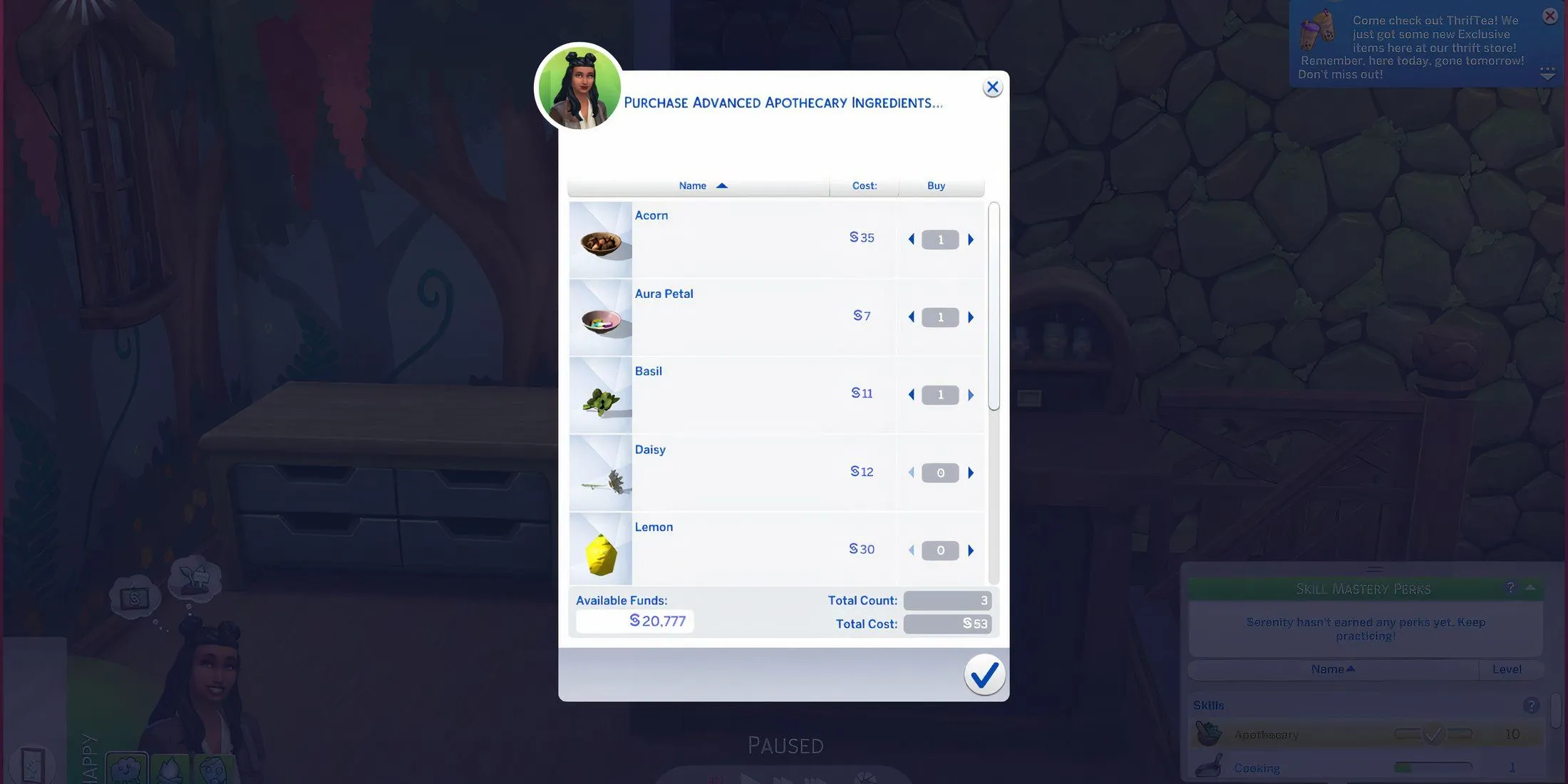 Bàn Apothecary hiển thị giao diện mua nguyên liệu, bao gồm Cánh hoa Aura, trong The Sims 4.