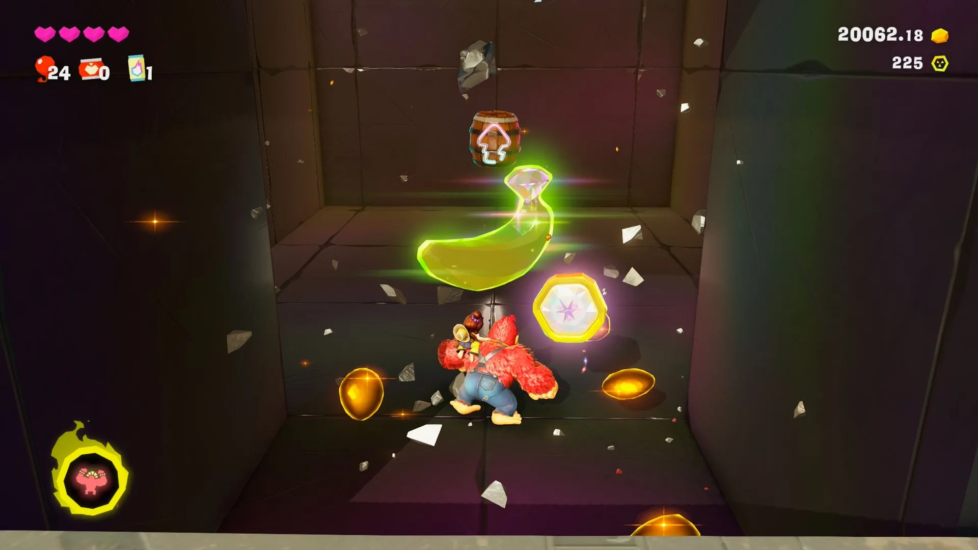 Banandium Gem đầu tiên ẩn sau bức tường phá hủy trong màn Stompy Ascent của Donkey Kong Bananza