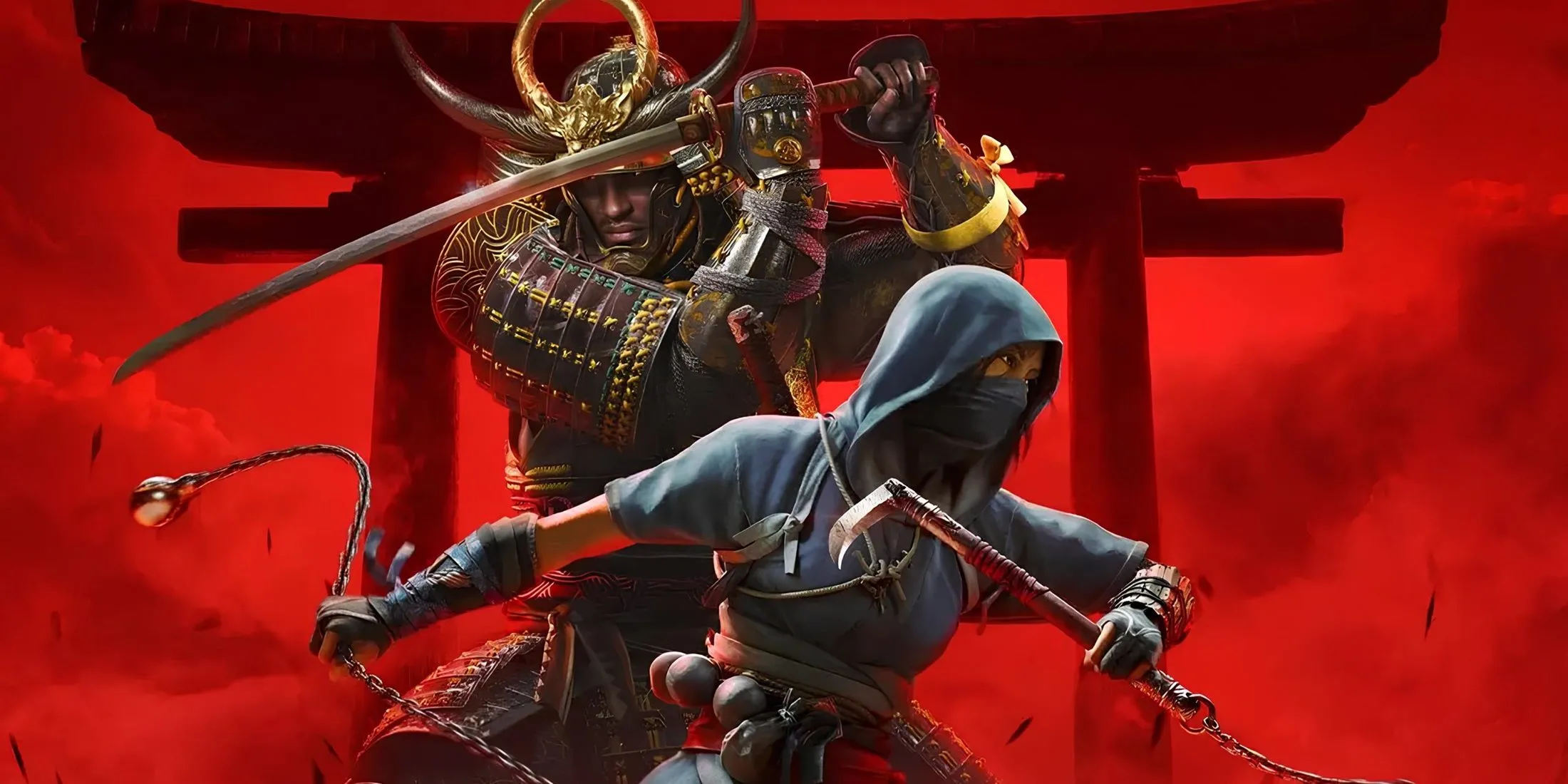 Bìa game Assassin's Creed Shadows với hai nhân vật chính trong bối cảnh Nhật Bản thời Sengoku