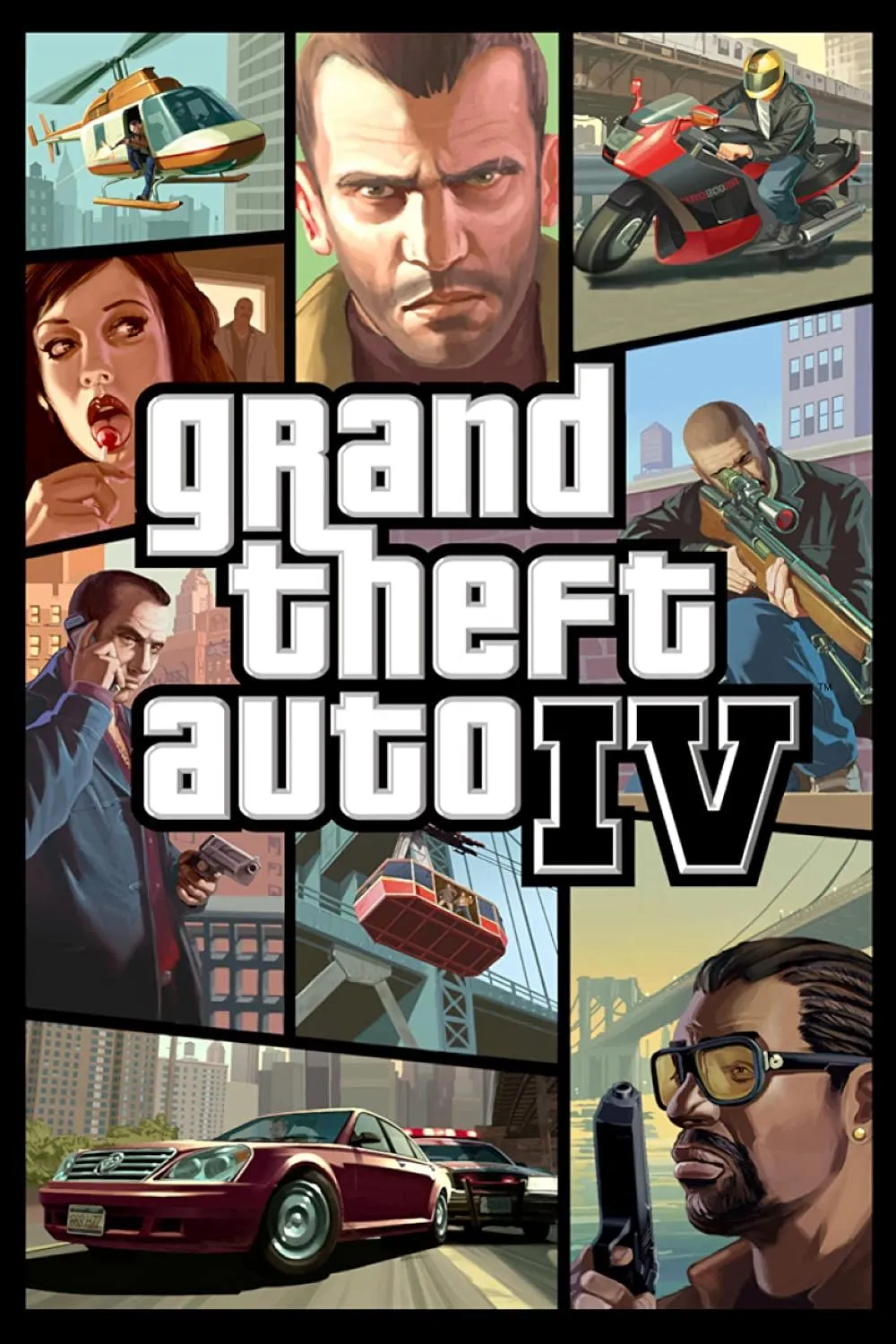 Bìa game Grand Theft Auto 4, nổi bật với tông màu tối và cốt truyện sâu sắc