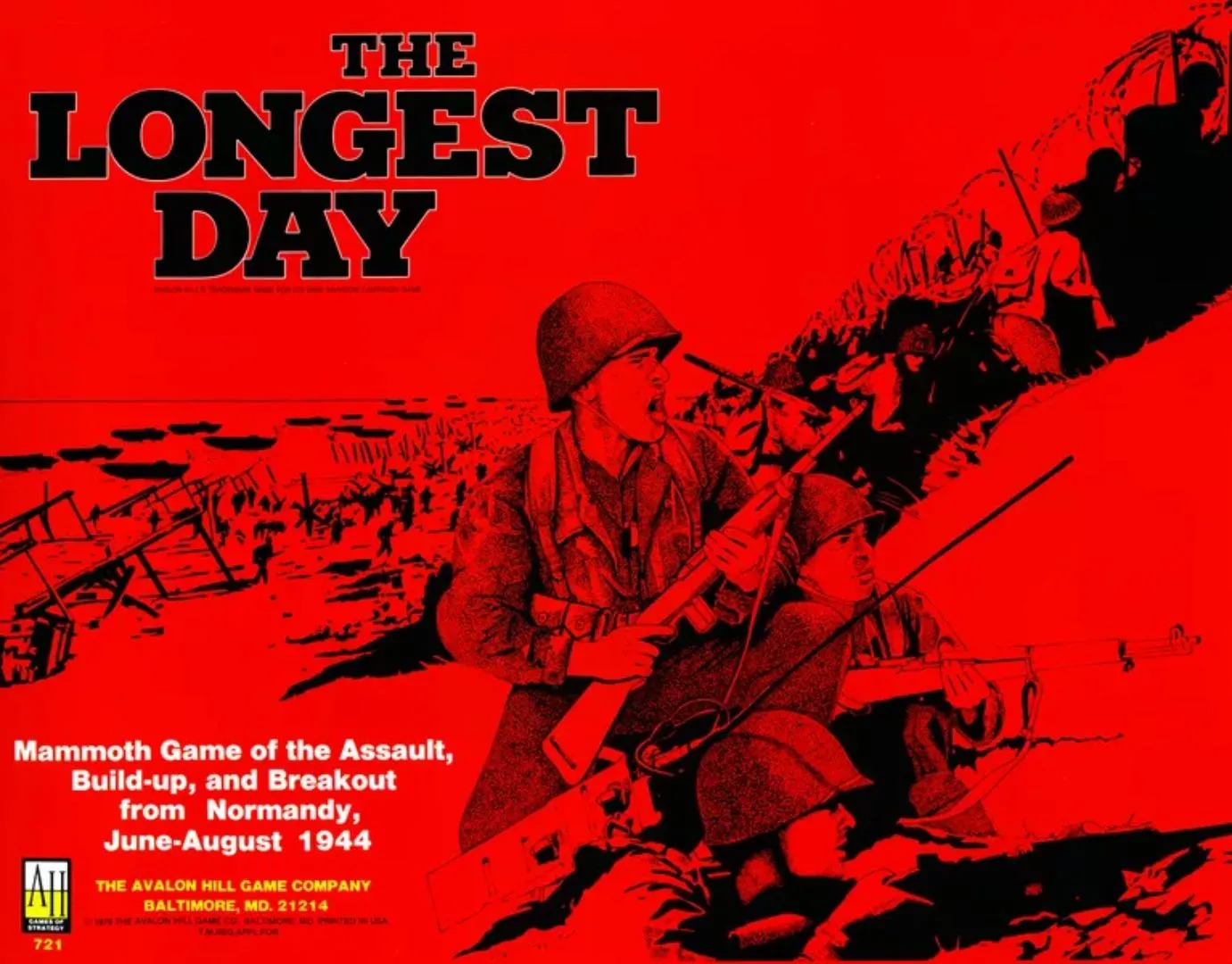 Bìa game The Longest Day của Avalon Hill, phát hành năm 1979, mô tả lính đổ bộ bãi biển Normandy.