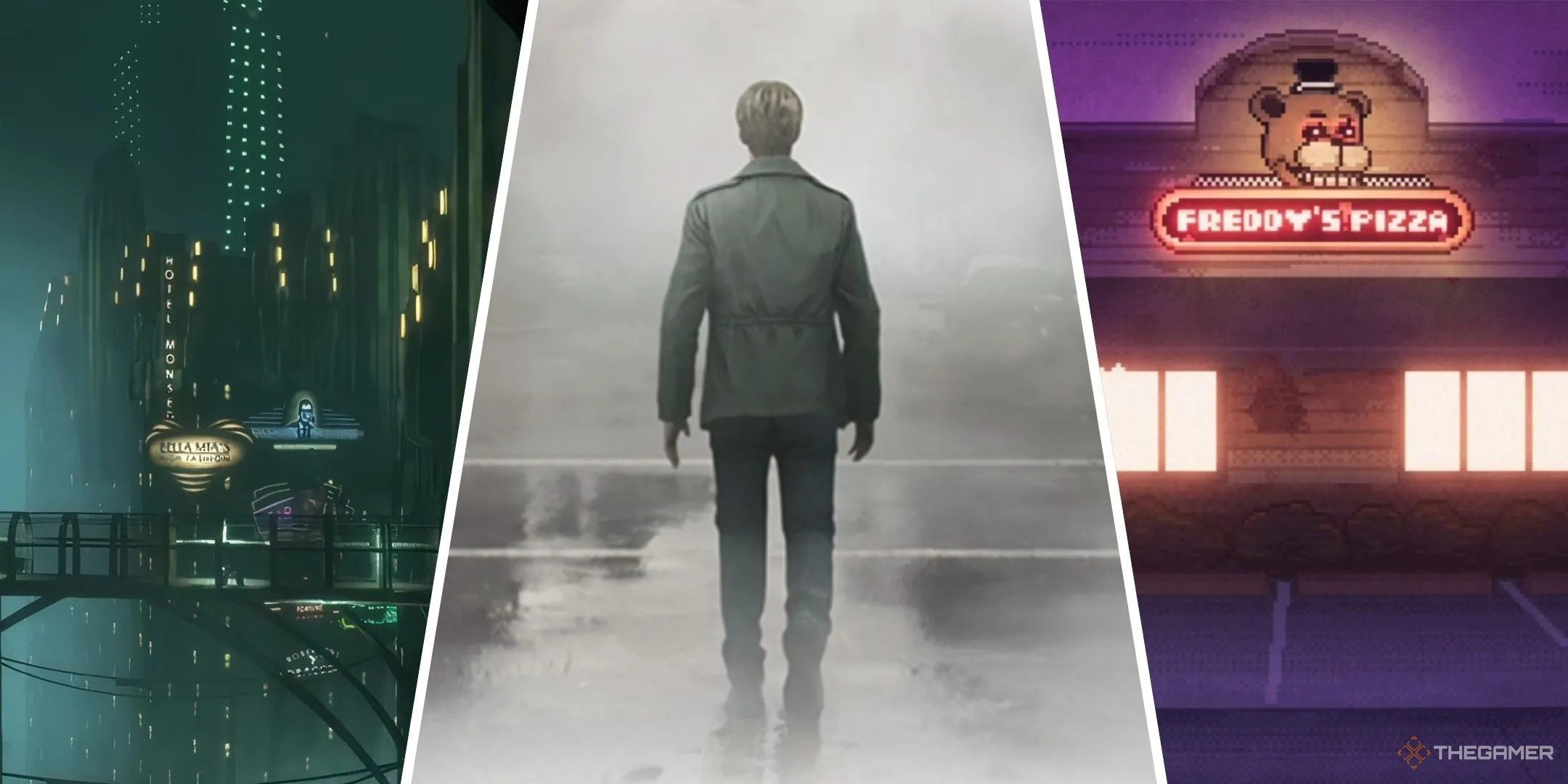 Các địa điểm kinh điển trong game kinh dị như Rapture của BioShock, thị trấn Silent Hill và Pizza của Freddy Fazbear.
