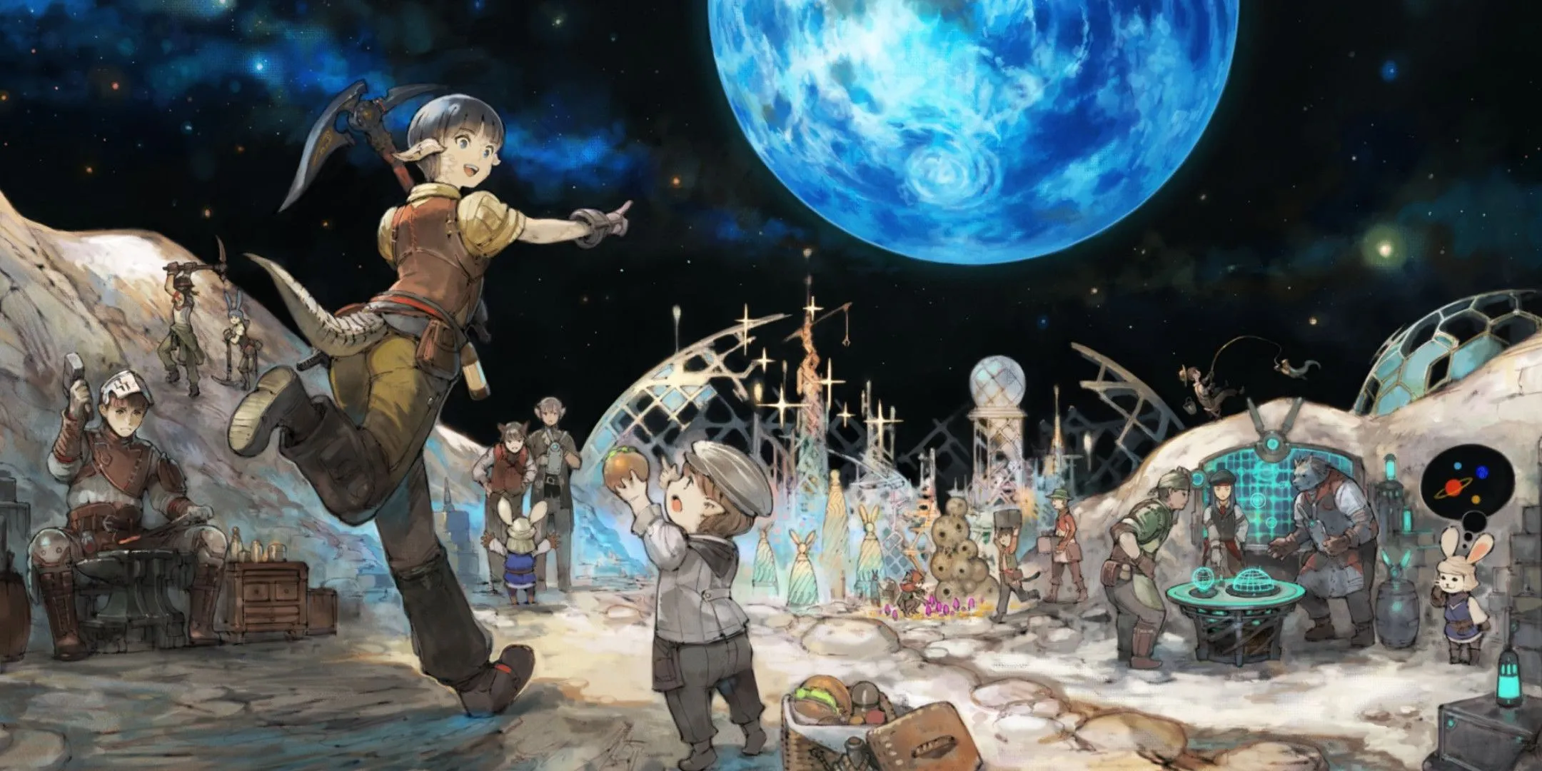 Các nhân vật trong Final Fantasy 14 đang thực hiện hoạt động chế tạo và khai thác trên một hành tinh giống mặt trăng, thể hiện chiều sâu của nghề nghiệp trong game MMORPG.
