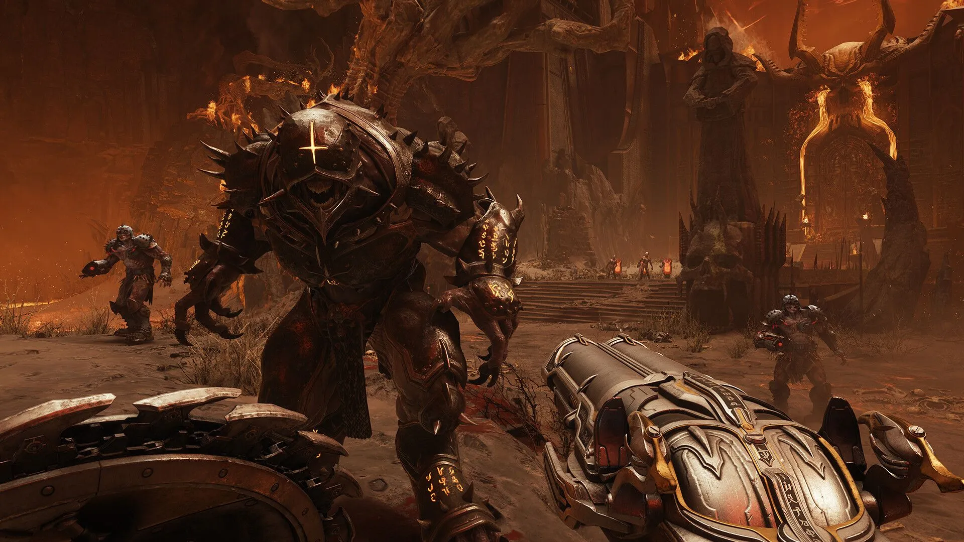Cảnh chiến đấu khốc liệt của Doom Slayer với quỷ dữ trong Doom: The Dark Ages, nhấn mạnh lối chơi tốc độ cao