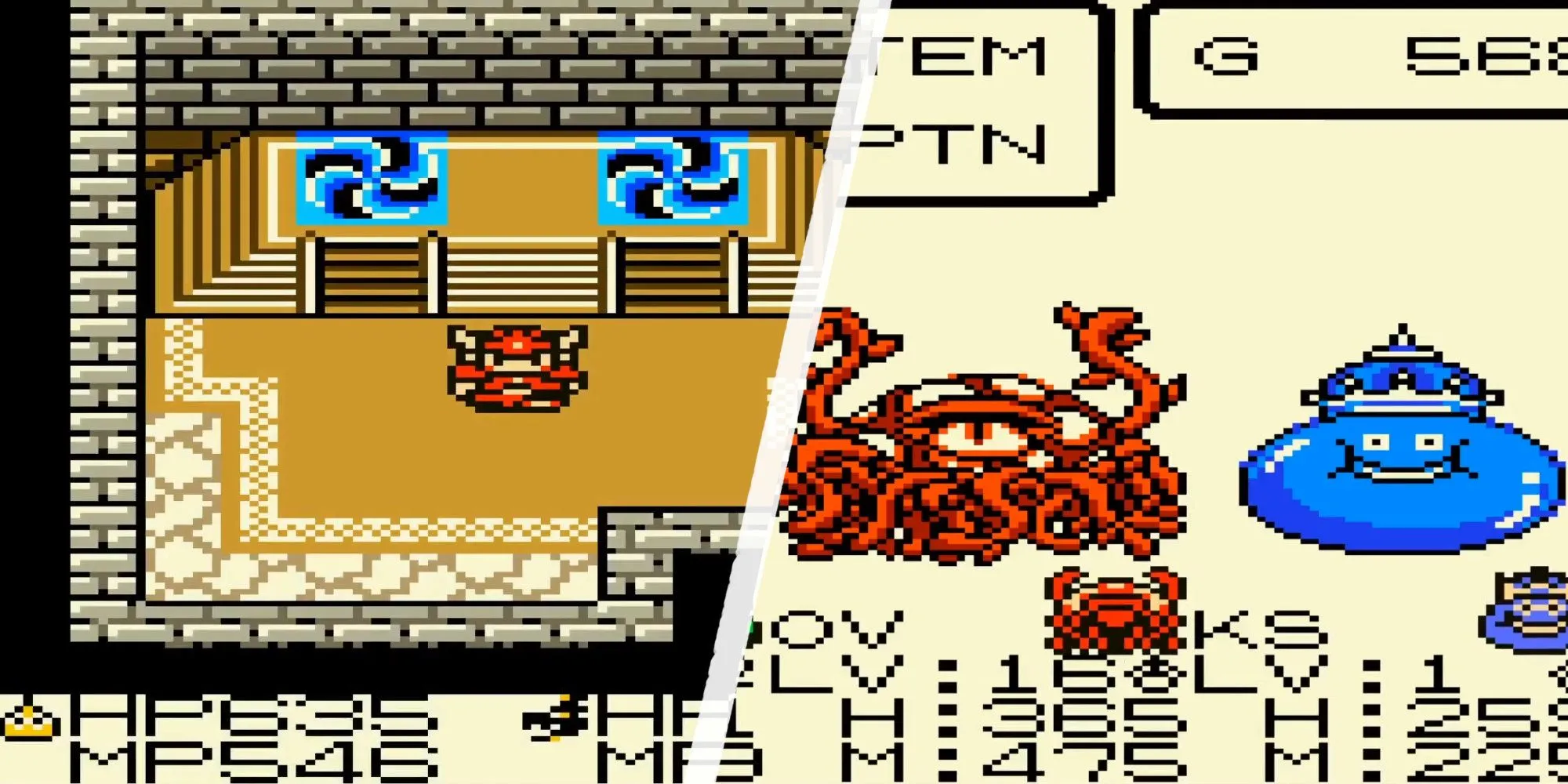Cảnh chiến đấu trong dungeon và các quái vật đặc trưng (Slime, Golem) từ Dragon Quest Monsters trên Game Boy Color, giới thiệu phong cách RPG của game.