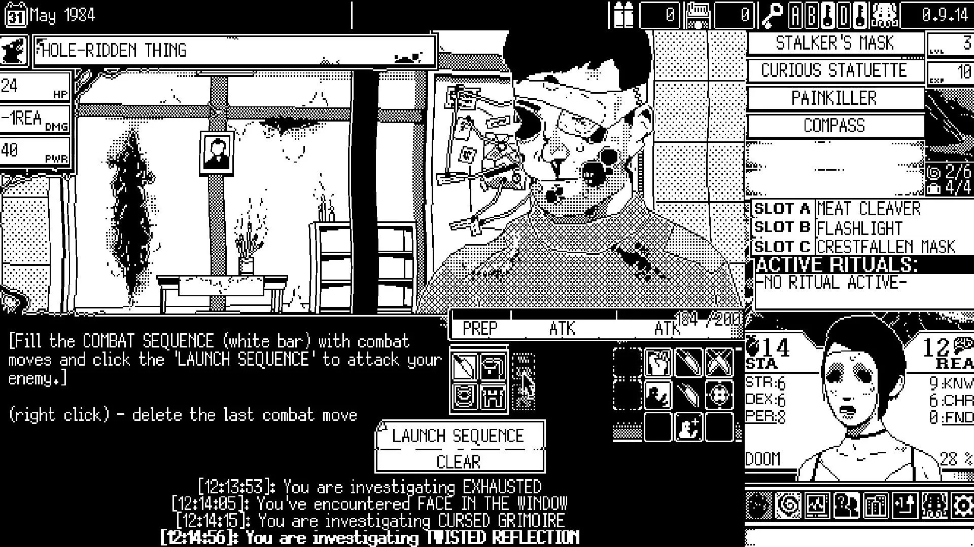 Cảnh gameplay từ World of Horror với giao diện và nhân vật theo phong cách đồ họa 1-bit, thể hiện sự ám ảnh của thế giới game.