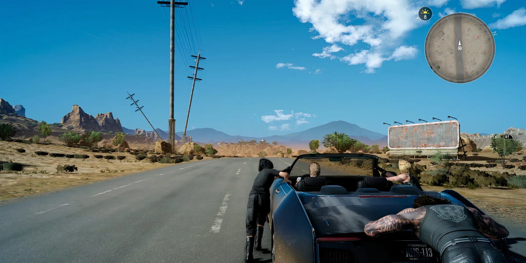 Cảnh mở đầu game Final Fantasy 15 với bốn nhân vật chính đẩy chiếc xe
