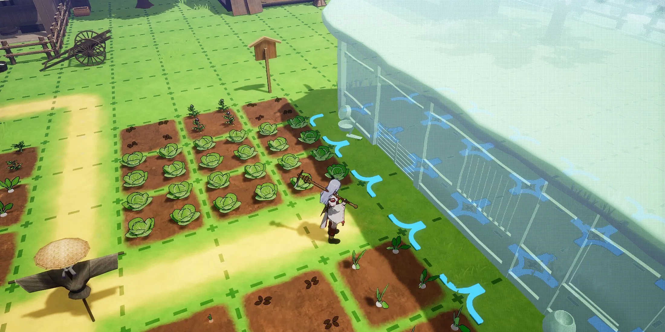 Cảnh người chơi chăm sóc cây trồng trên trang trại trong game Rune Factory Guardians of Azuma