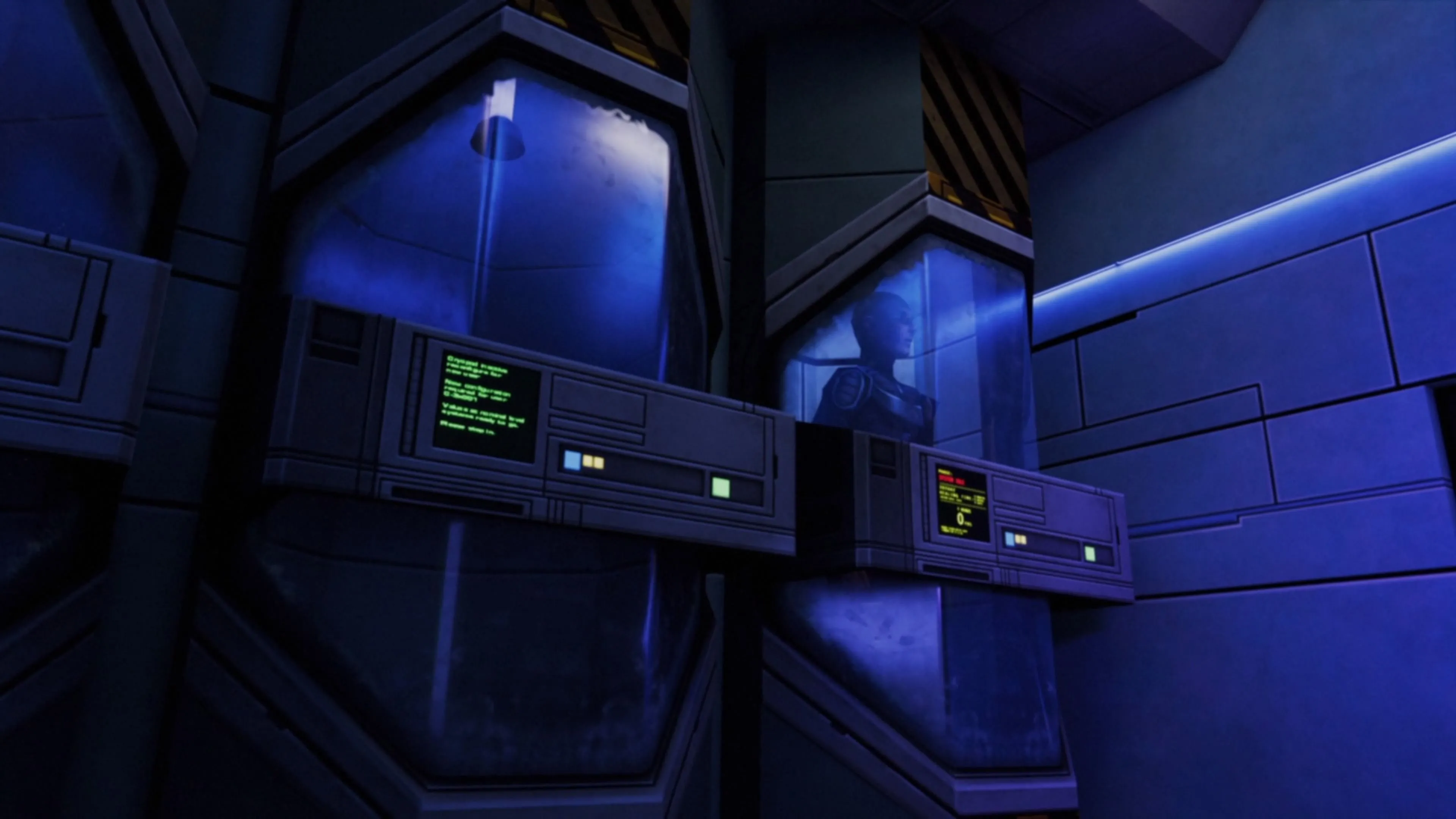 Cảnh nhân vật trong trạng thái ngủ đông (cryosleep) ở đầu game System Shock 2 Remaster.