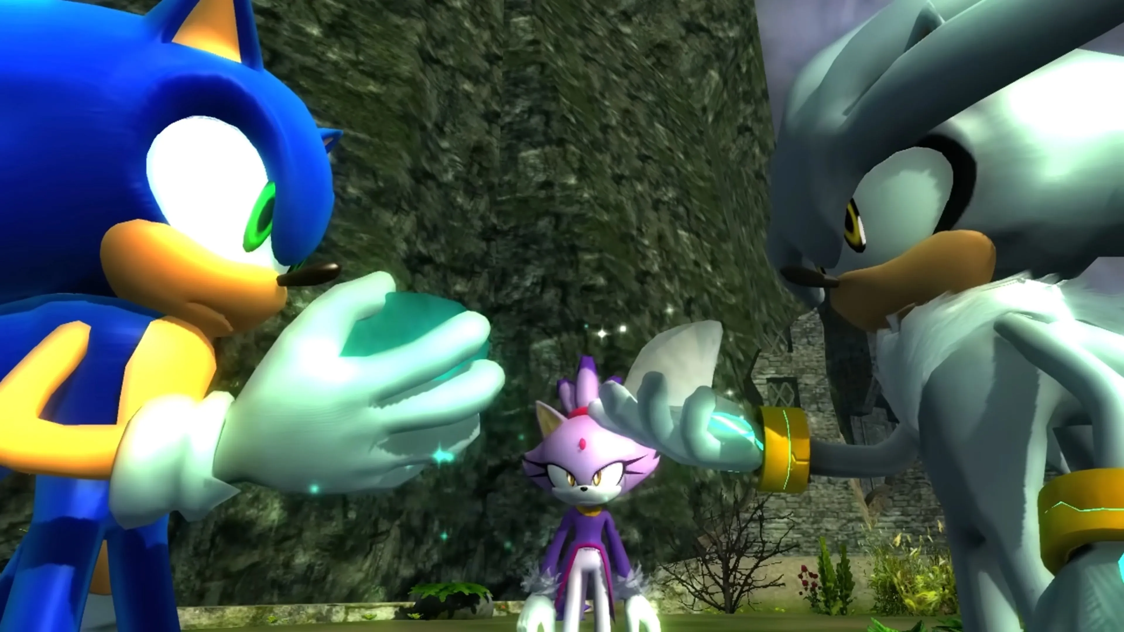 Cảnh trong game Sonic the Hedgehog (2006) với sự xuất hiện của Sonic và các nhân vật phụ, minh họa dàn nhân vật phong phú trong cốt truyện