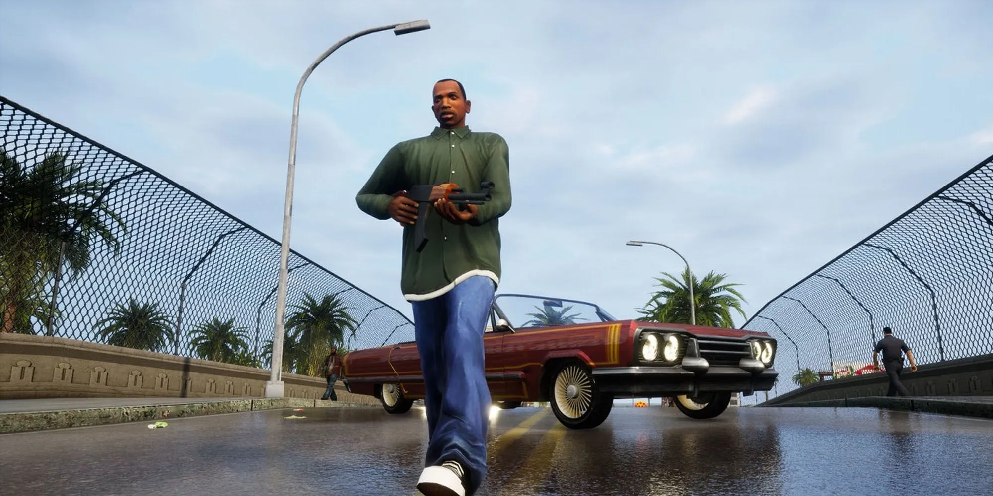 Carl Johnson rời khỏi xe, thể hiện mô hình nhân vật và môi trường đô thị của game