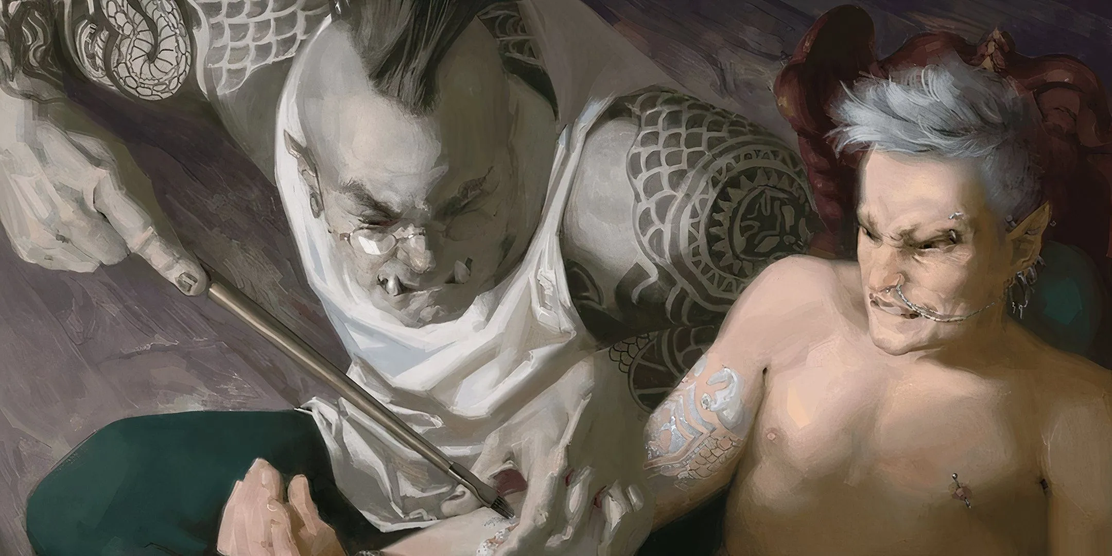 Chiến binh Tattooed Warrior Monk Orc đang khắc hình xăm ma thuật, biểu tượng của sức mạnh và khả năng kháng chịu trong D&amp;D.