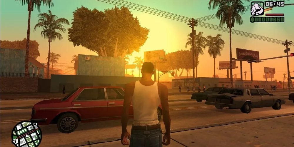 CJ đứng trên đường phố Los Santos, minh họa quy mô thế giới mở và chi tiết môi trường