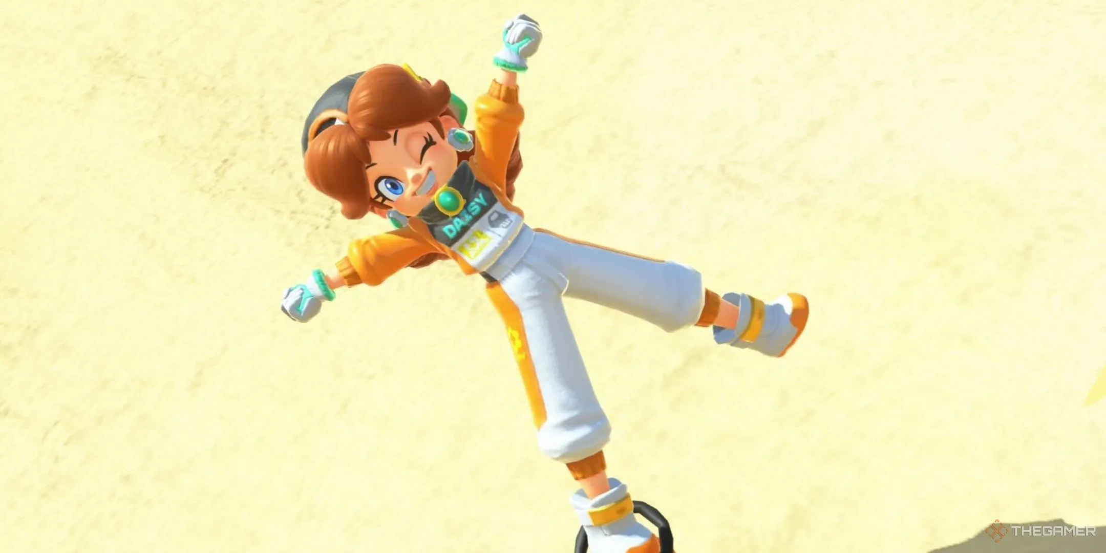 Công chúa Daisy thực hiện cú nhảy sao trong chế độ chụp ảnh của Mario Kart World, minh họa nhân vật được yêu thích.