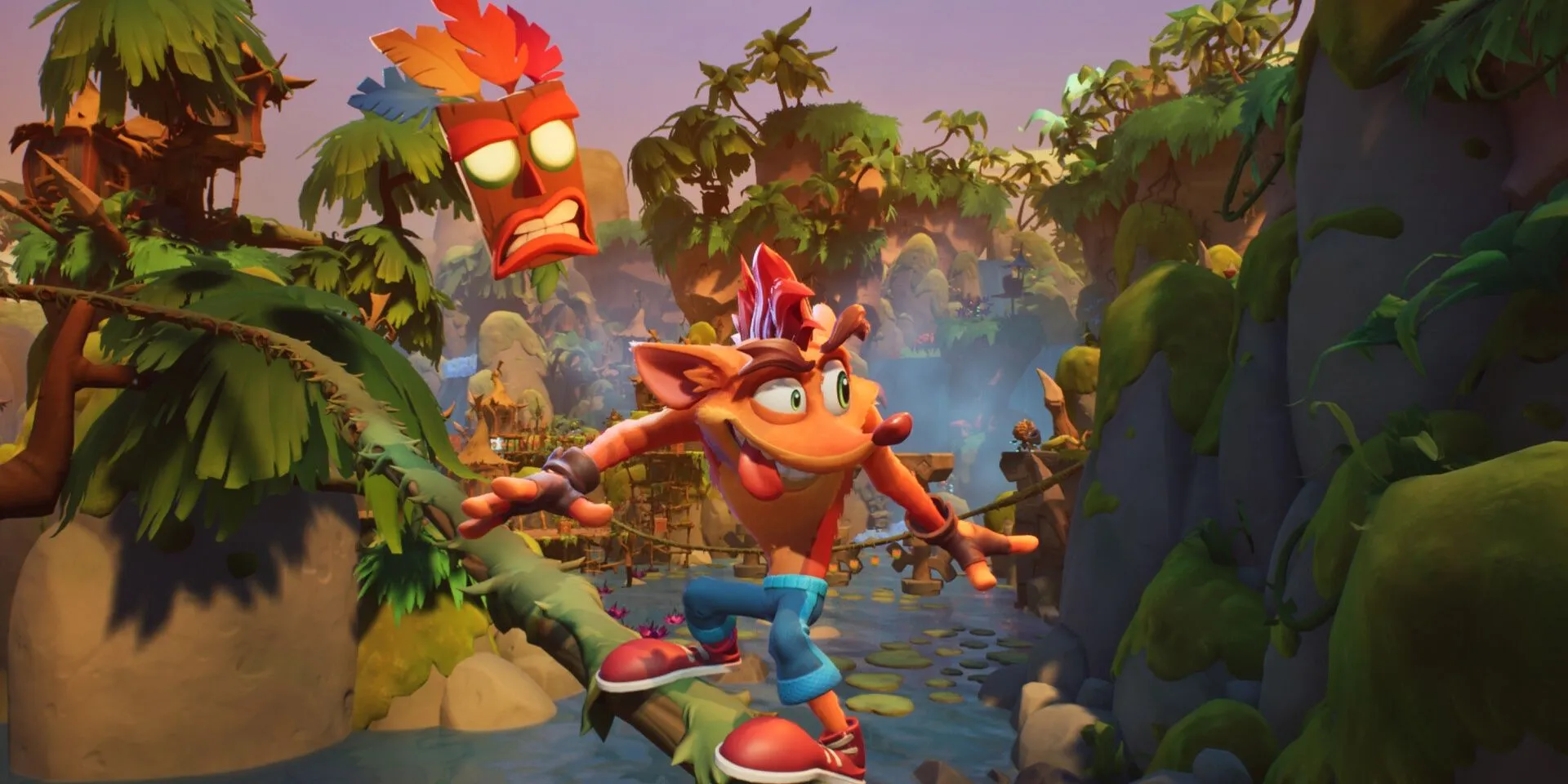 Crash Bandicoot lướt trên dây leo trong Crash Bandicoot 4, thể hiện cơ chế platforming năng động