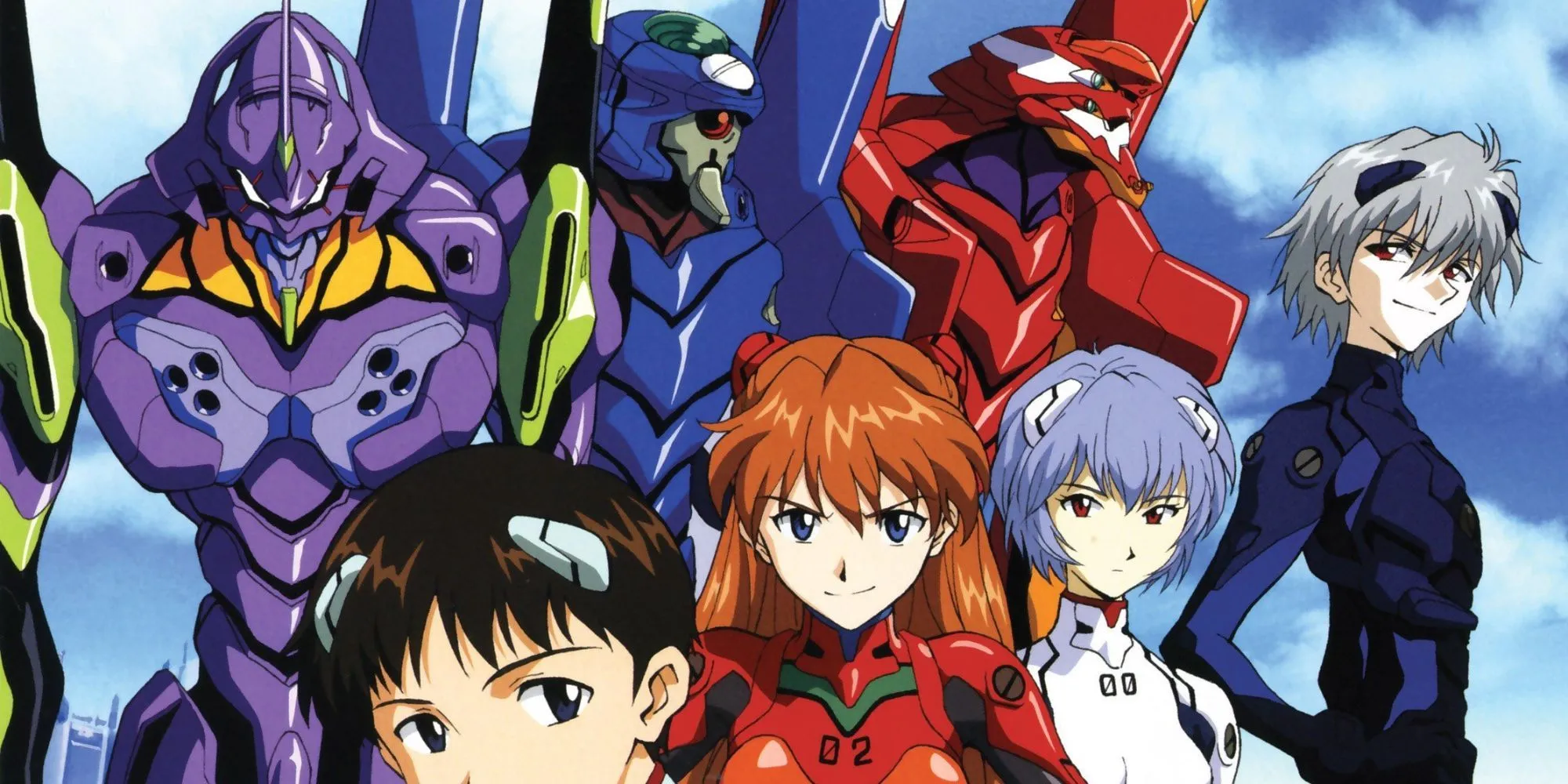 Dàn nhân vật chính của Neon Genesis Evangelion cùng các EVA, biểu tượng của dòng phim mecha kinh điển.