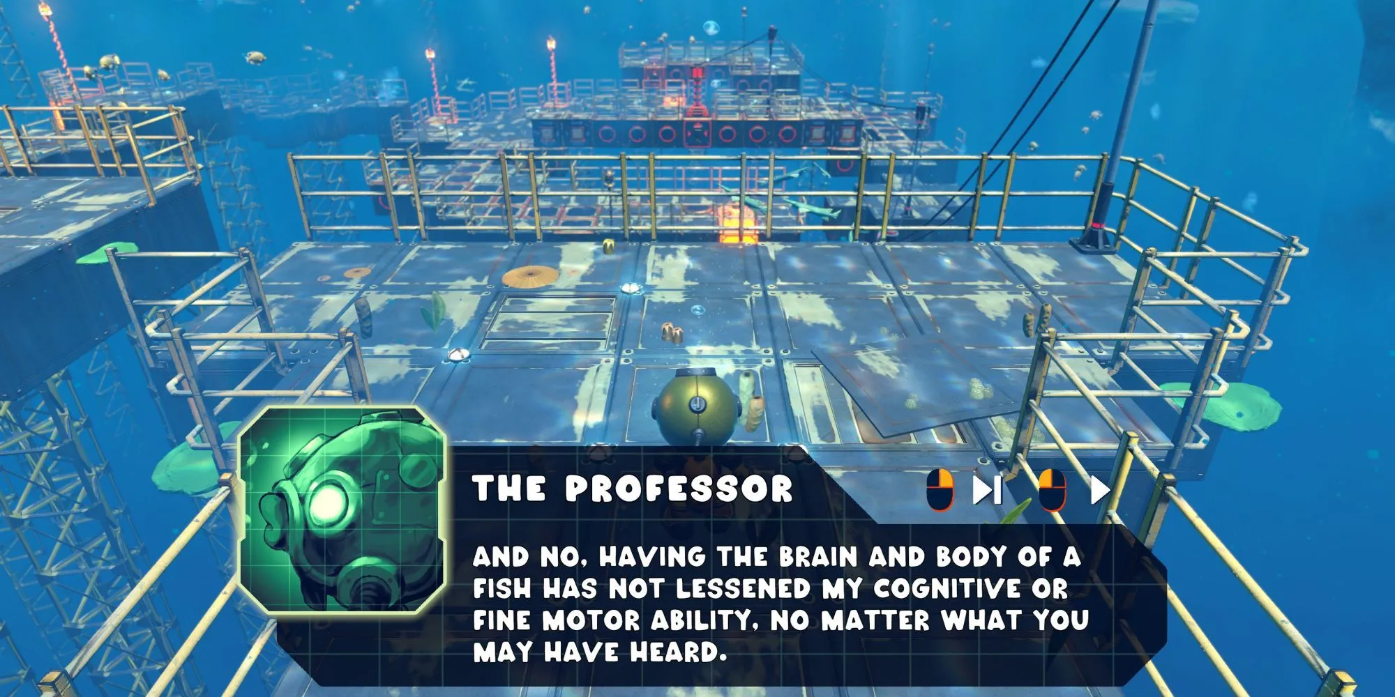 Đoạn hội thoại với nhân vật Professor cá trong game Power Sink, minh họa yếu tố hài hước và cốt truyện