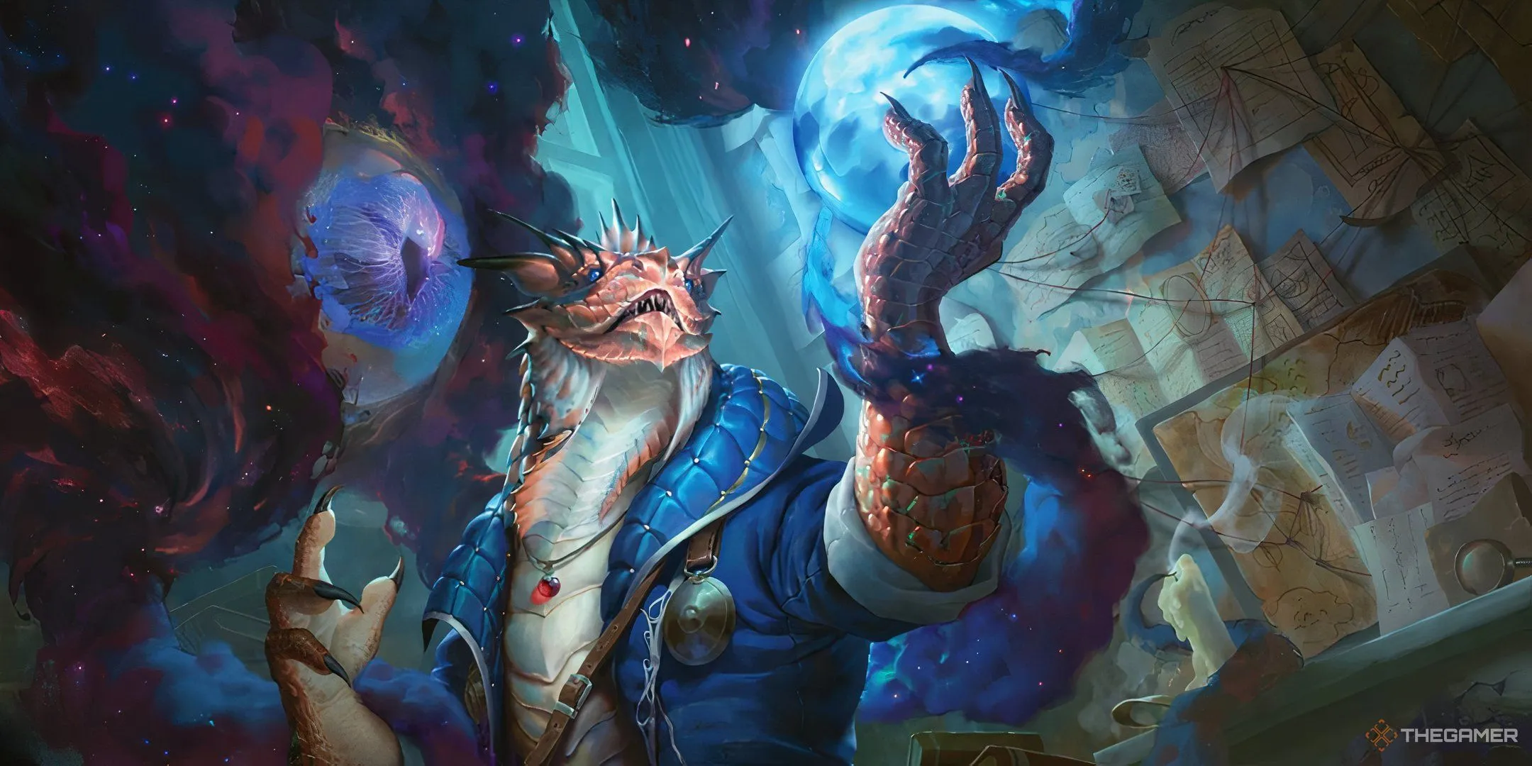 Dragonborn warlock uses arcane focus to channel its magic in Dungeons &amp; Dragons 2025 player, art directed by Josh Herman