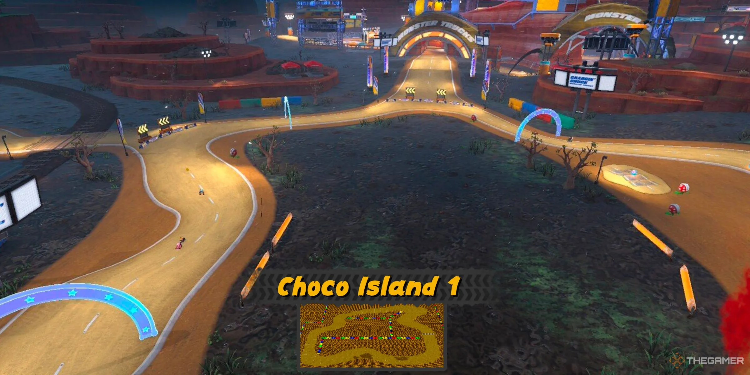 Đường đua Choco Island 1 gốc từ Super Mario Kart ẩn hiện trong thế giới Free Roam của Mario Kart World, gần Choco Mountain.