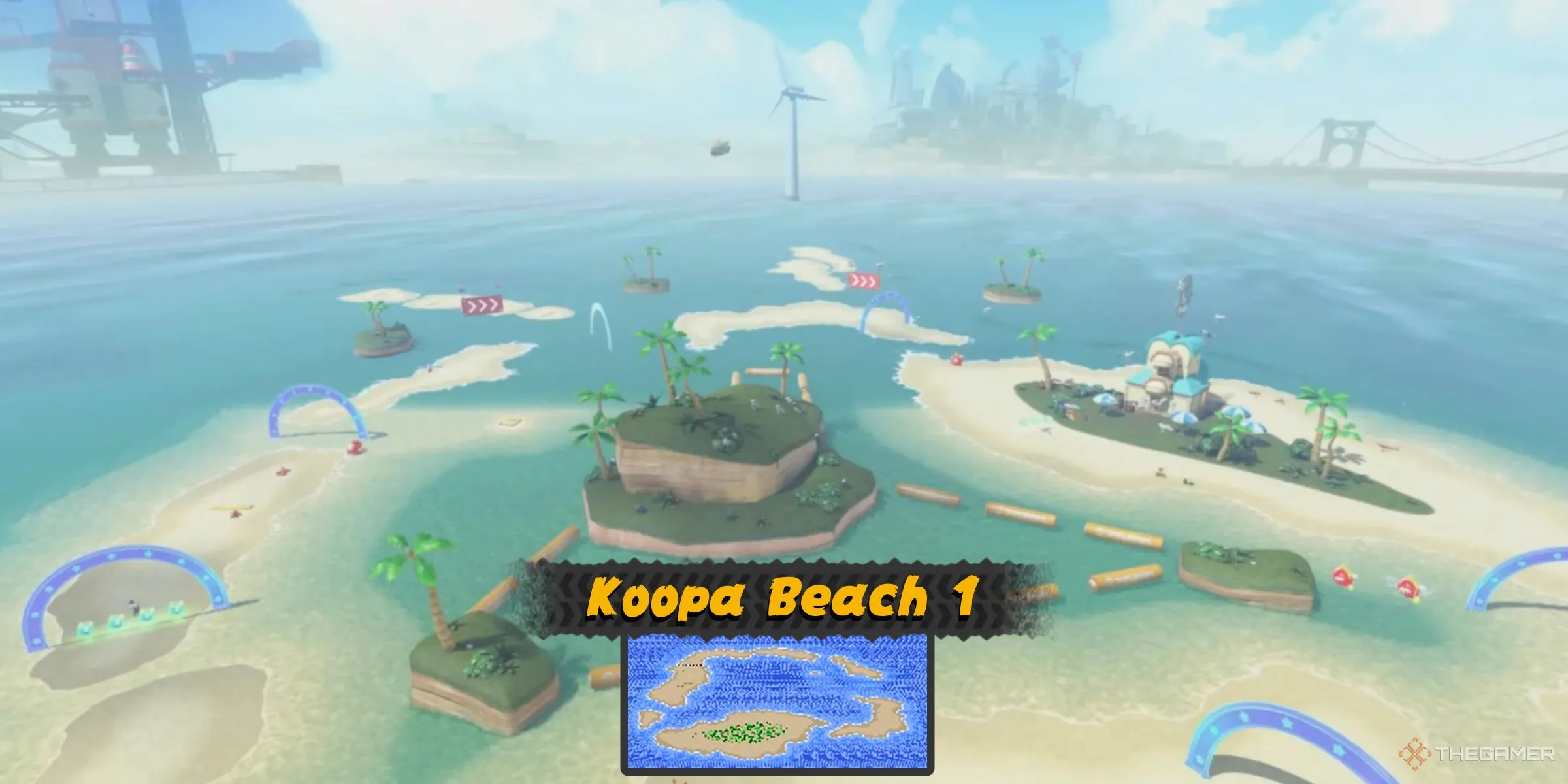 Đường đua Koopa Beach 1 từ Super Mario Kart, một vòng lặp bí mật trong Free Roam của Mario Kart World, gần Koopa Troopa Beach.