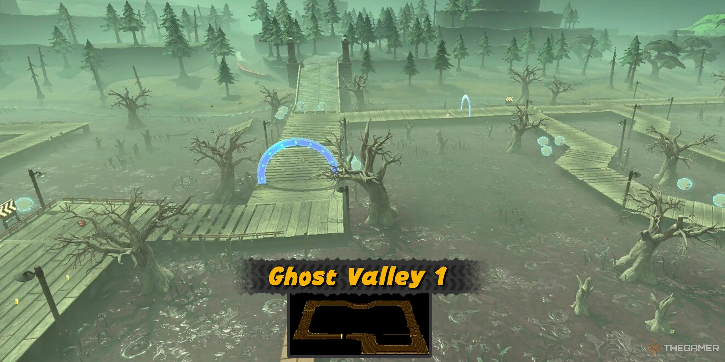 Ghost Valley 1 từ Super Mario Kart được tái hiện chân thực trong Mario Kart World, nằm bên ngoài Boo Cinema, thách thức người chơi.