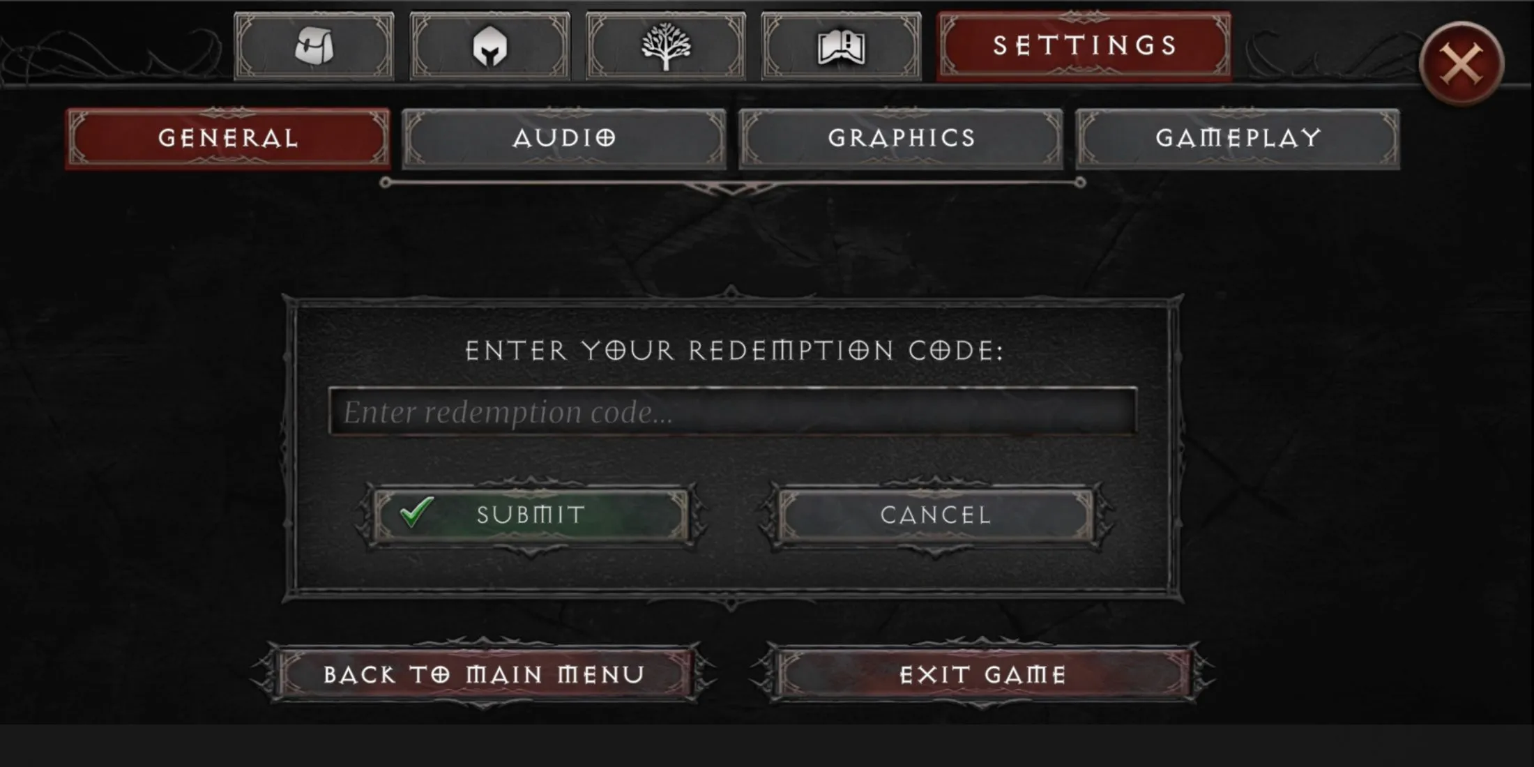 Giao diện cài đặt trong Vampire's Fall 2, hiển thị tùy chọn &quot;Redeem Code&quot;