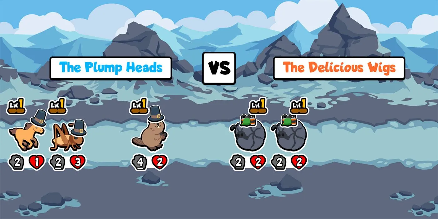 Giao diện chiến đấu của game Super Auto Pets, hiển thị đội hình các pet đáng yêu