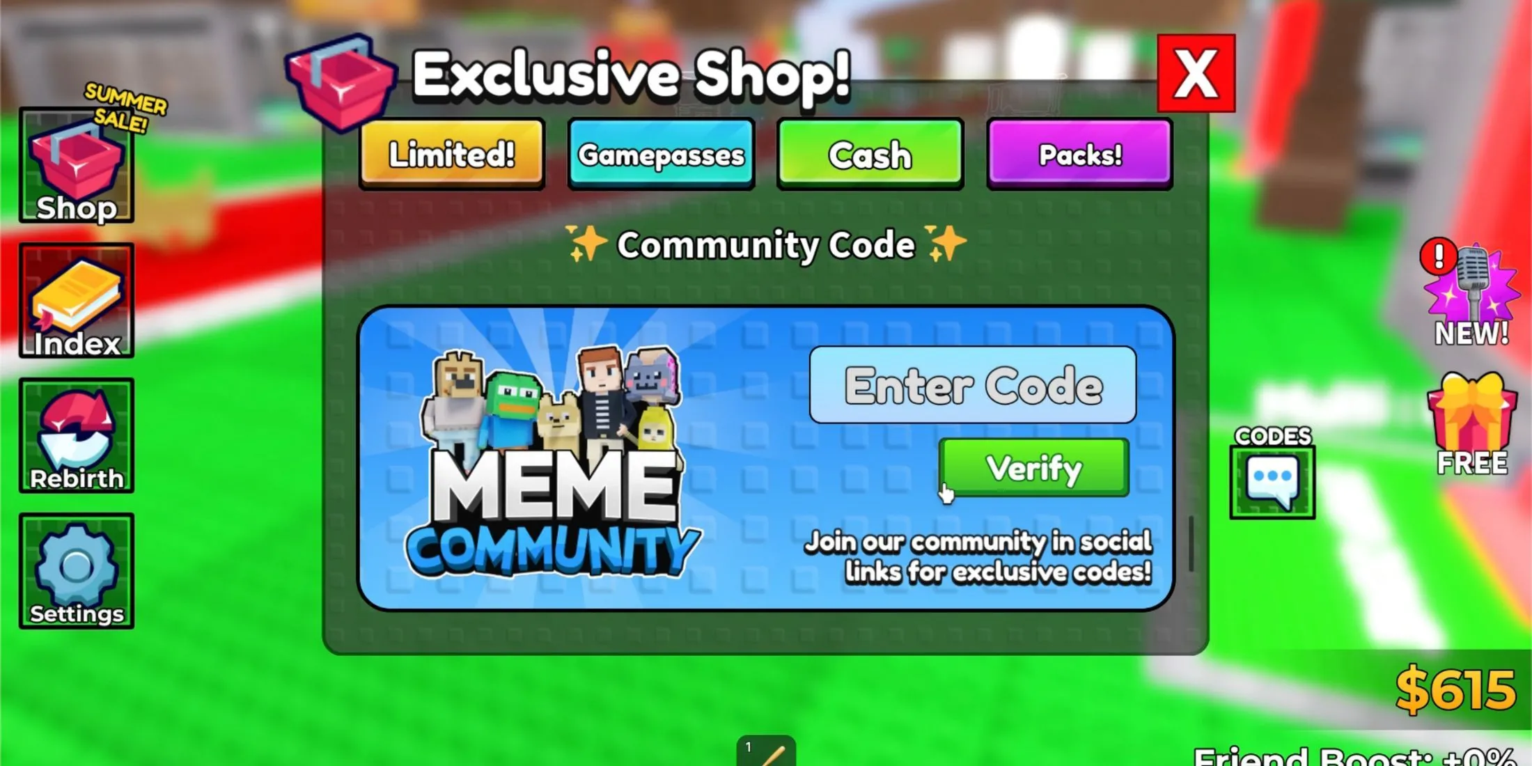 Giao diện cửa hàng trong Steal a Meme hiển thị tab &quot;Codes&quot;, minh họa quy trình nhập mã quà tặng kỹ thuật số.