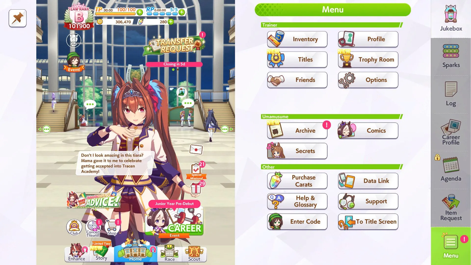 Giao diện màn hình chính của game Umamusume Pretty Derby