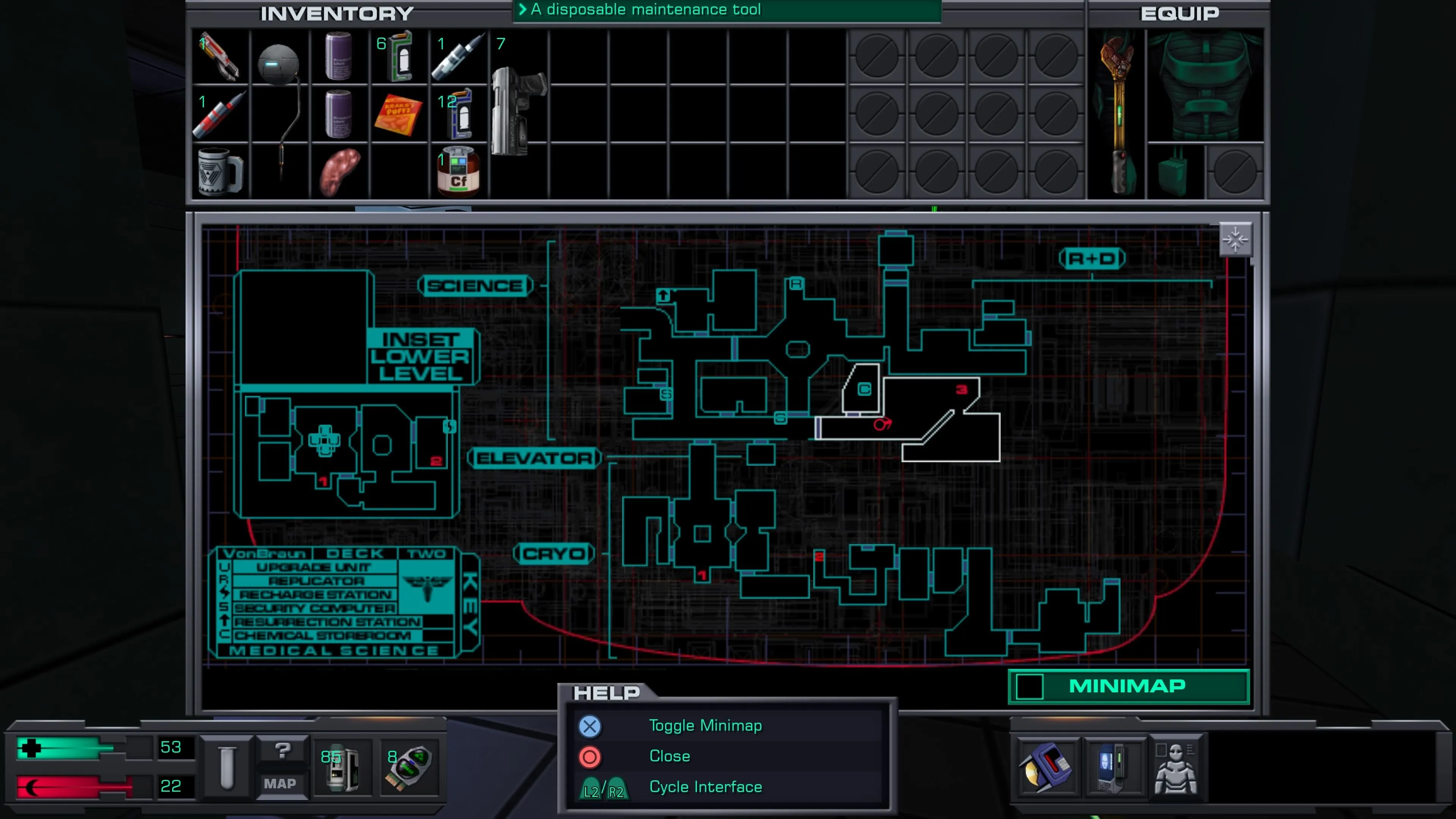 Giao diện menu hoặc quản lý túi đồ phức tạp trong System Shock 2 Remaster.