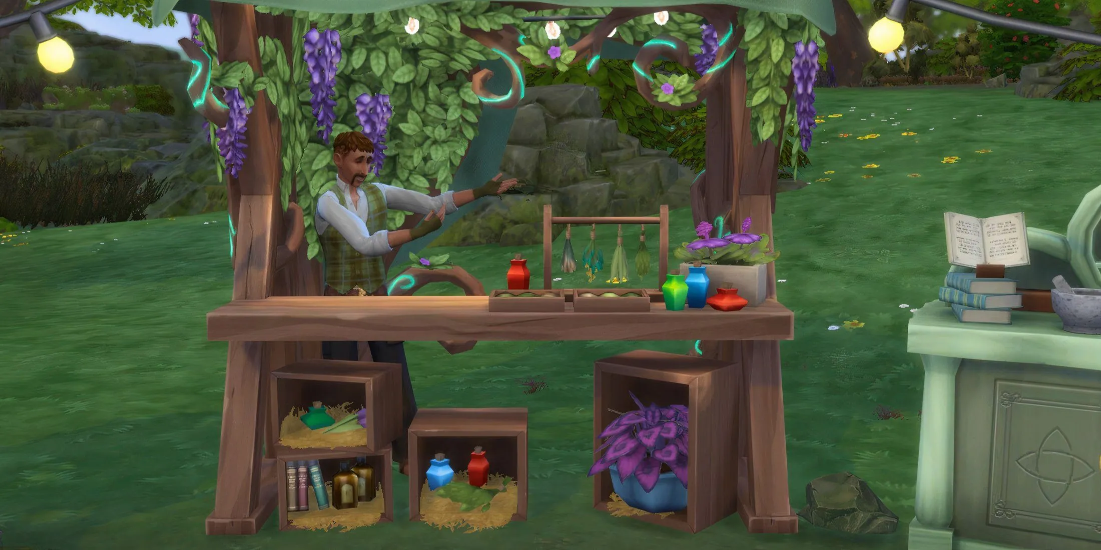 Giao diện The Sims 4 hiển thị cây Lightning Root và các hiệu ứng bệnh trạng có thể chữa trị bằng dược liệu