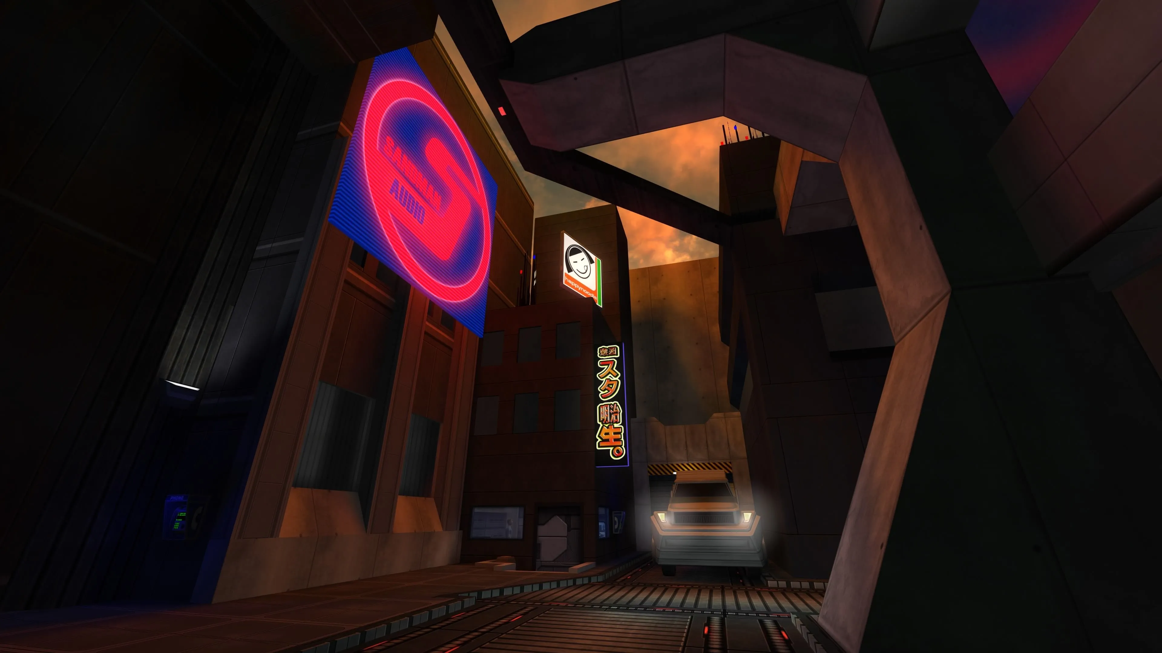 Góc nhìn thành phố khoa học viễn tưởng qua cửa sổ tàu vũ trụ trong System Shock 2 Remaster.
