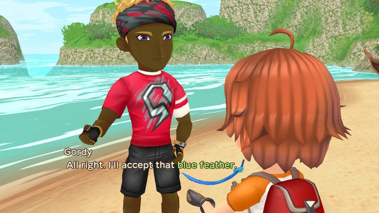 Gordy trong Story of Seasons: A Wonderful Life đứng trên bãi biển, thể hiện khoảnh khắc cầu hôn bằng lông vũ xanh