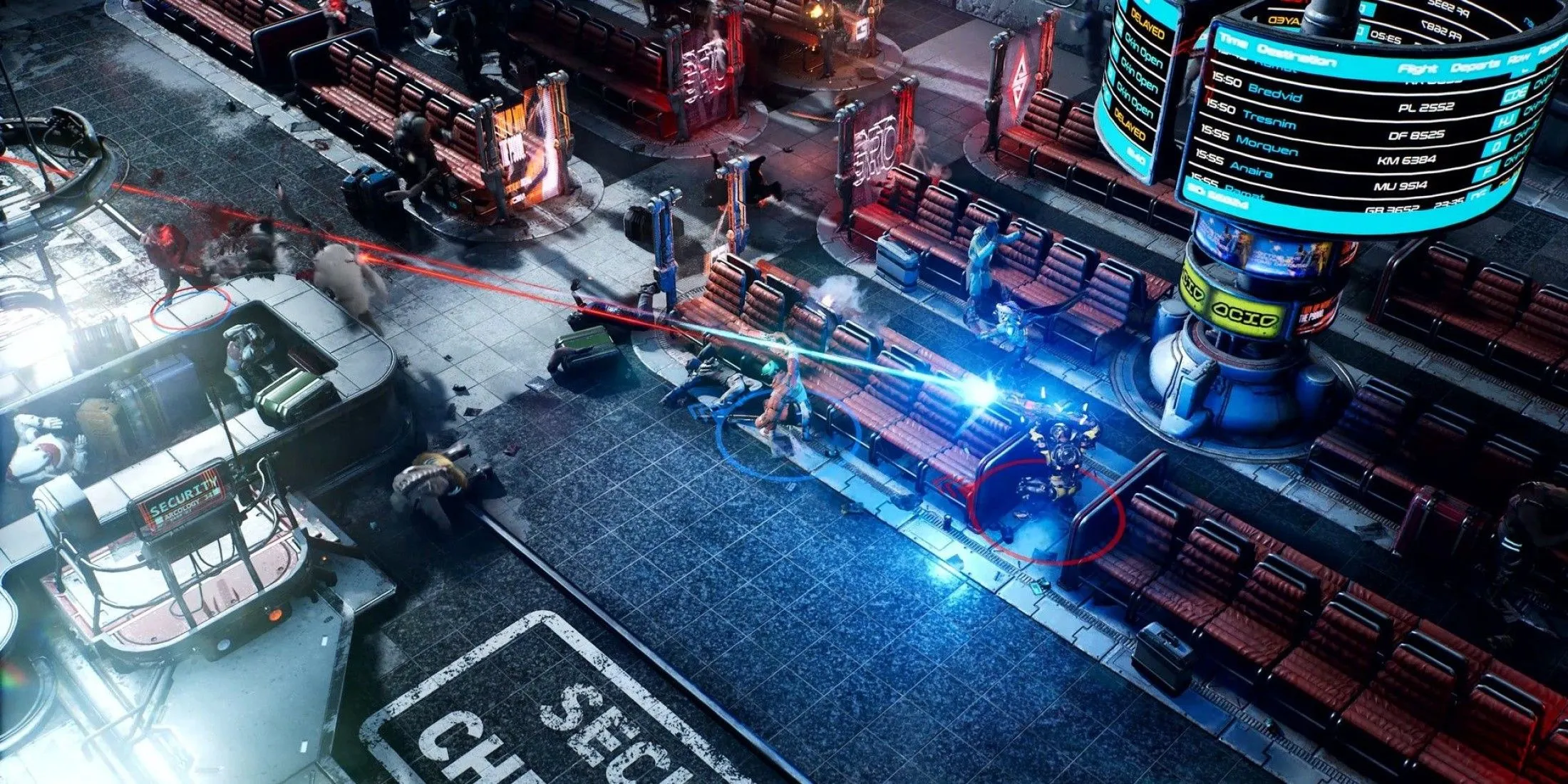 Hai người chơi The Ascent ẩn nấp và chiến đấu với kẻ thù trong một khung cảnh cyberpunk neon