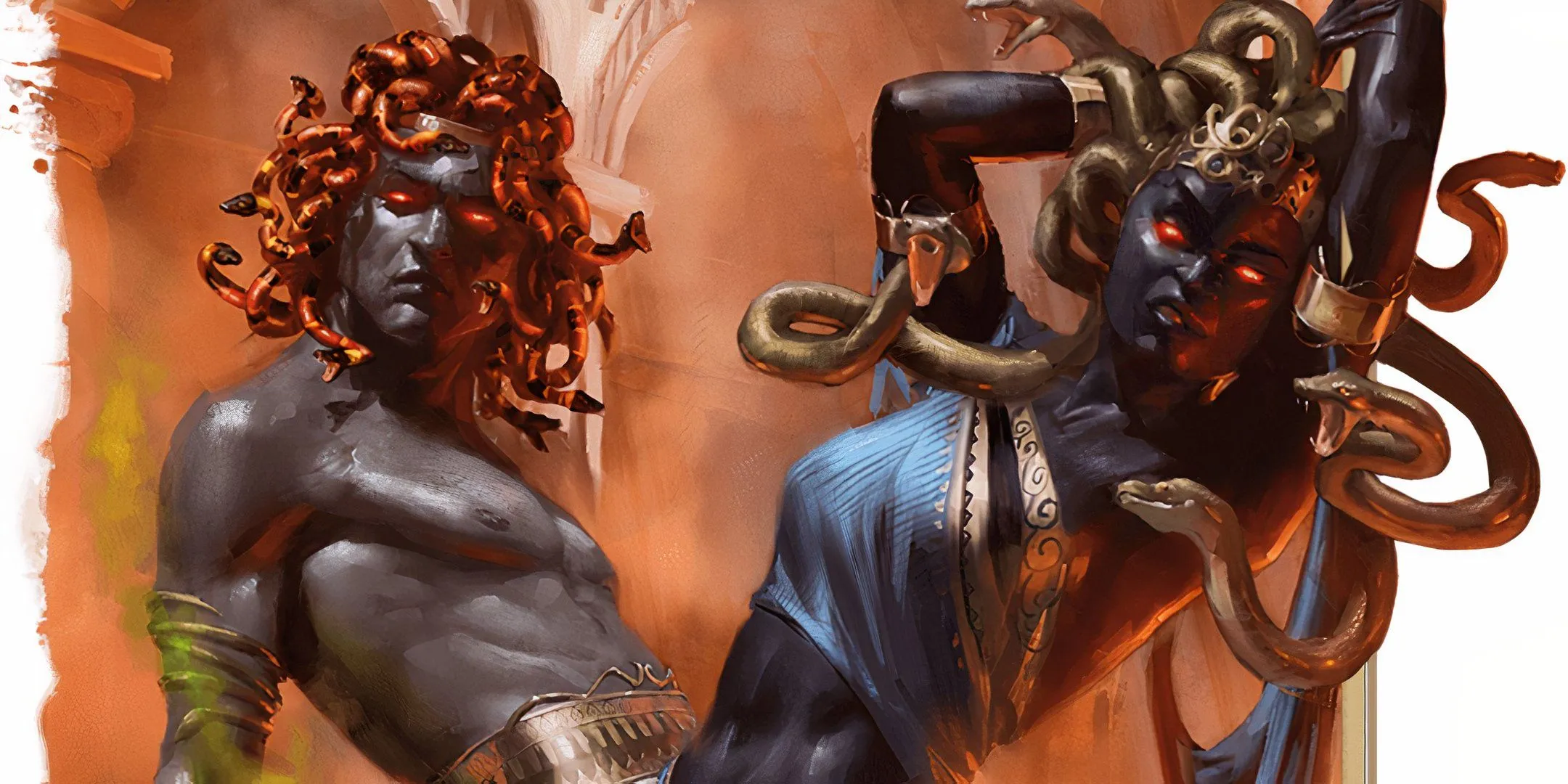 Hai nữ quỷ Medusa với mái tóc rắn đặc trưng trong game Dungeons &amp; Dragons, đại diện cho NPC đa dạng.